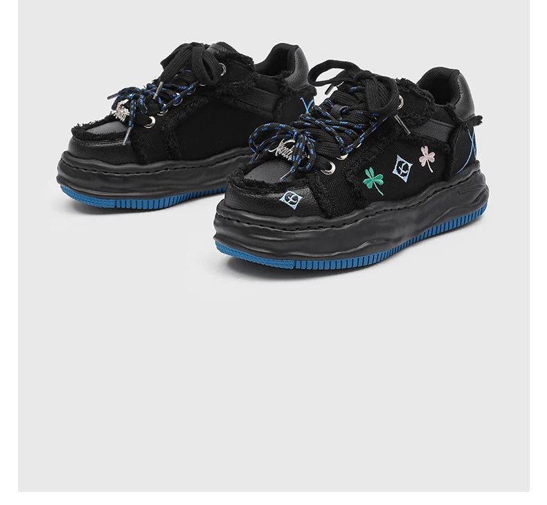 Distressed Embroidered Platform Sneakers
