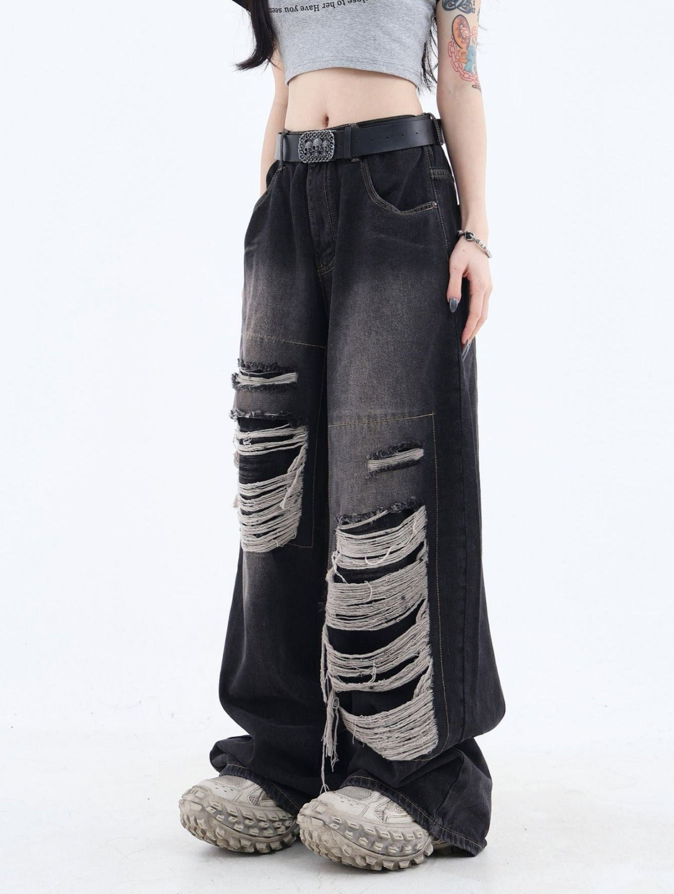 Distressed Patched Denim Jeans - chiclara