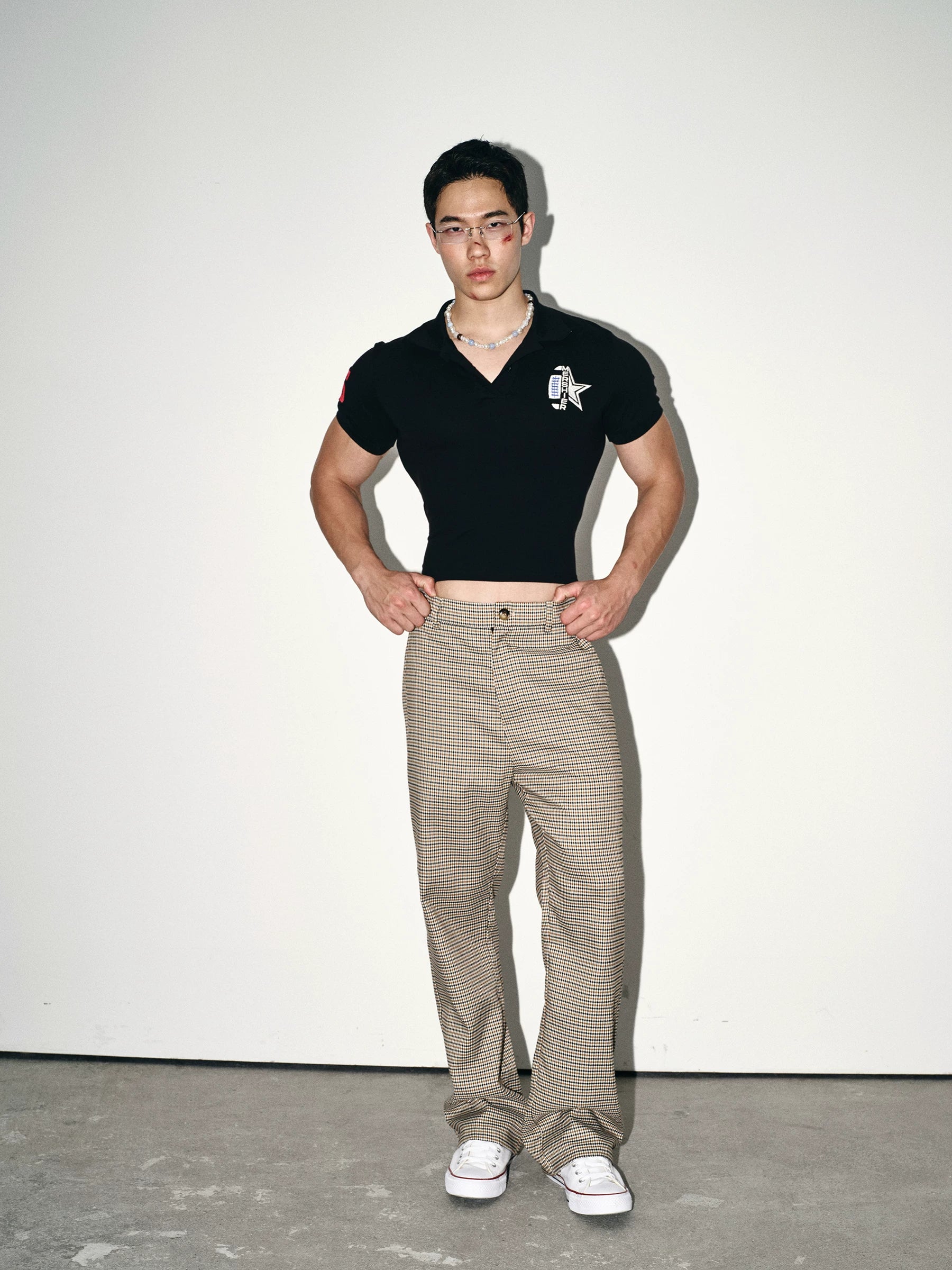 Black Fitted Patch Polo Crop Shirt