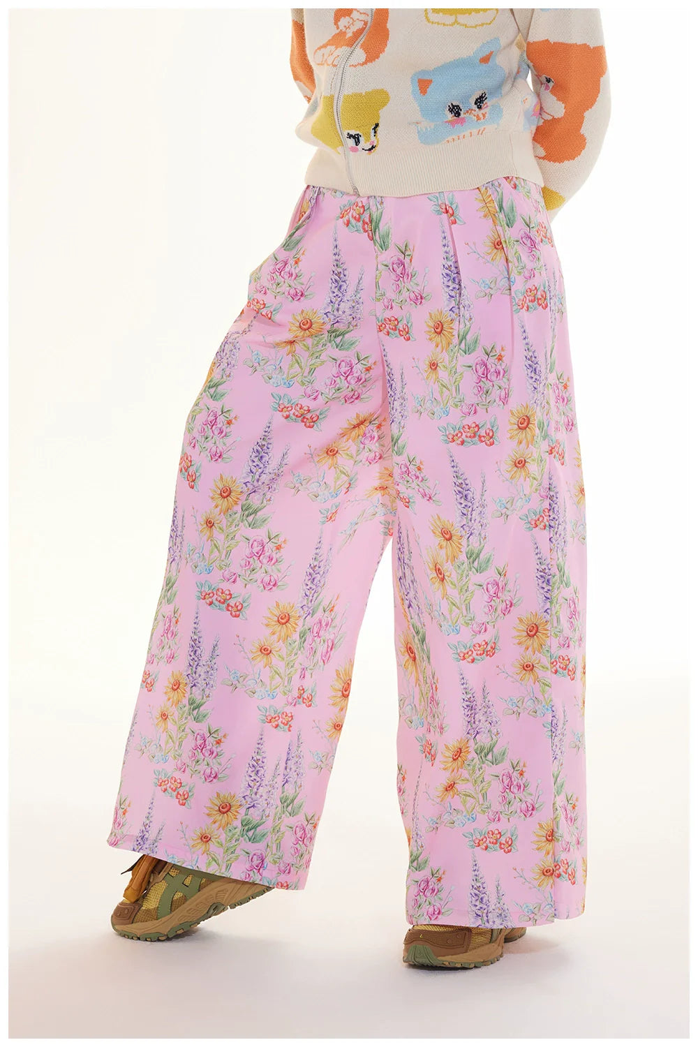 Pink Floral Wide Leg Pants Spring