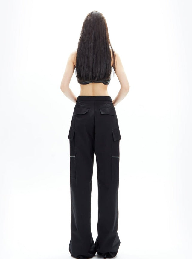 Wide-Leg Cargo Pants with Collar Waistband