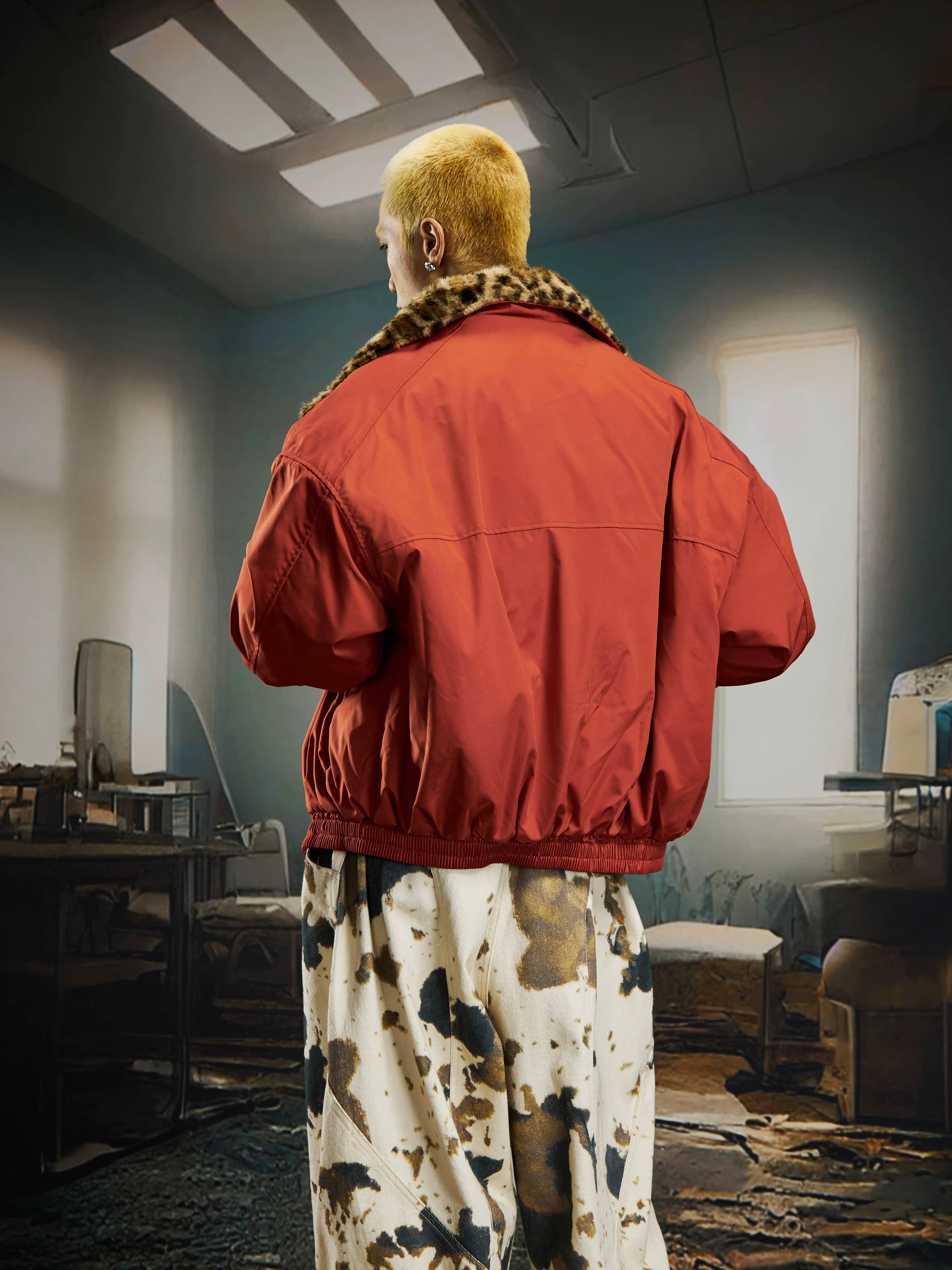 Ember Prowl Leopard‑Collar Bomber Jacket