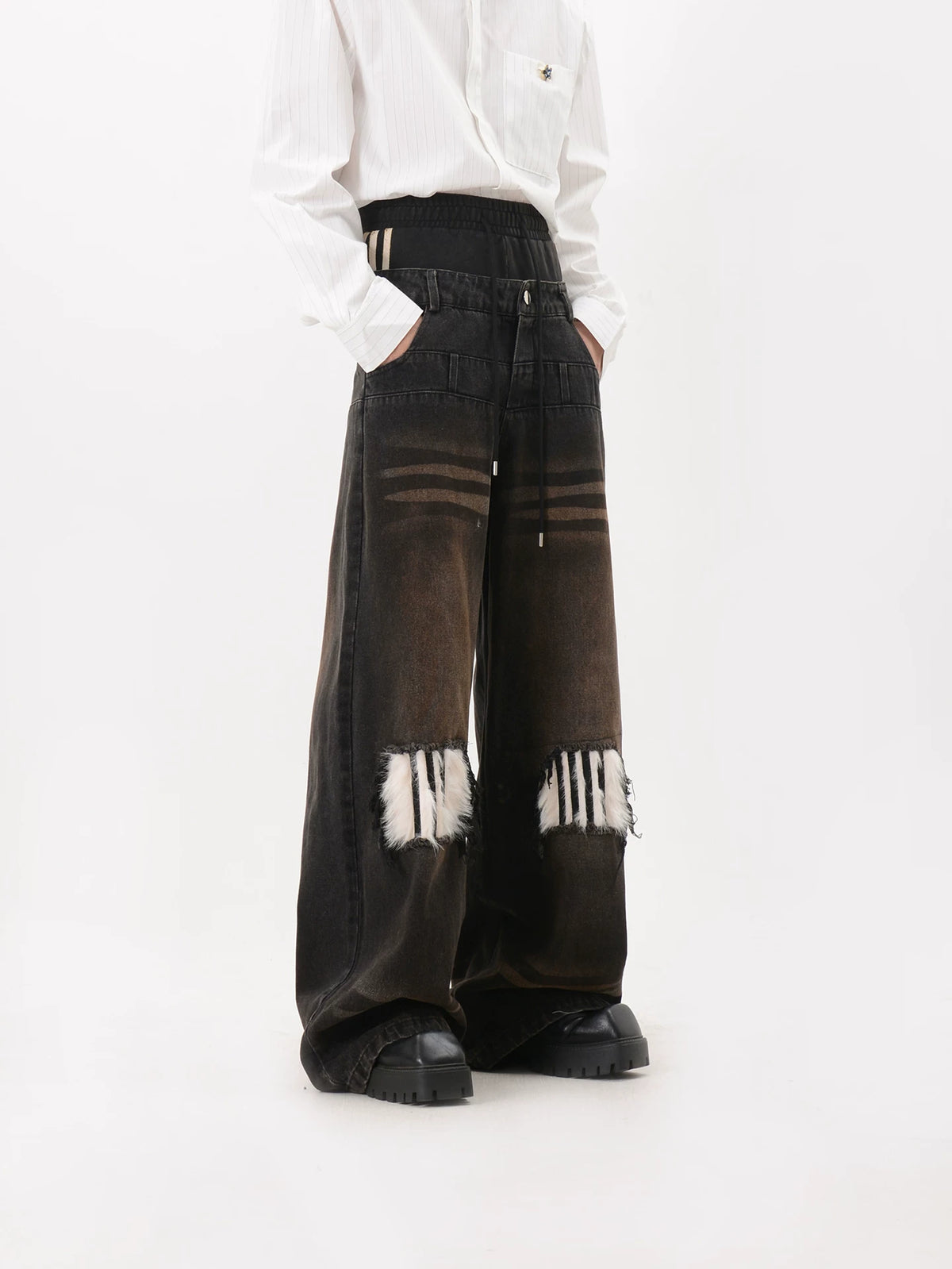 Faux Fur Patch Wide Leg Jeans