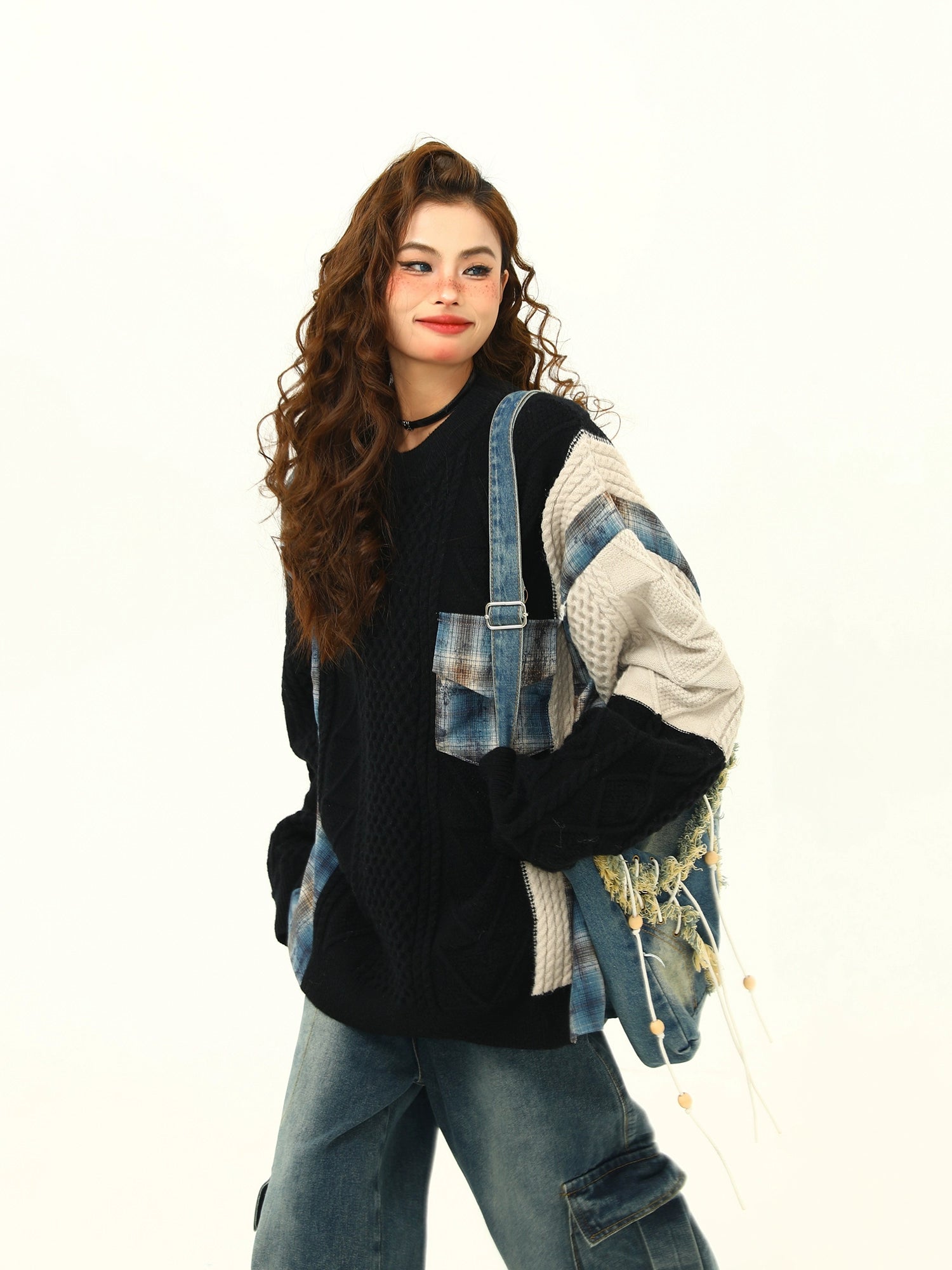 Patchwork Knit and Plaid Sweater