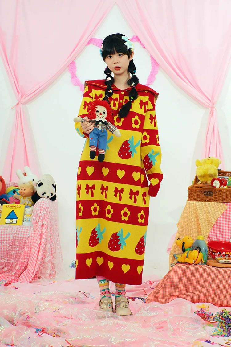 Strawberry Pattern Hooded Knit Sweater Dress