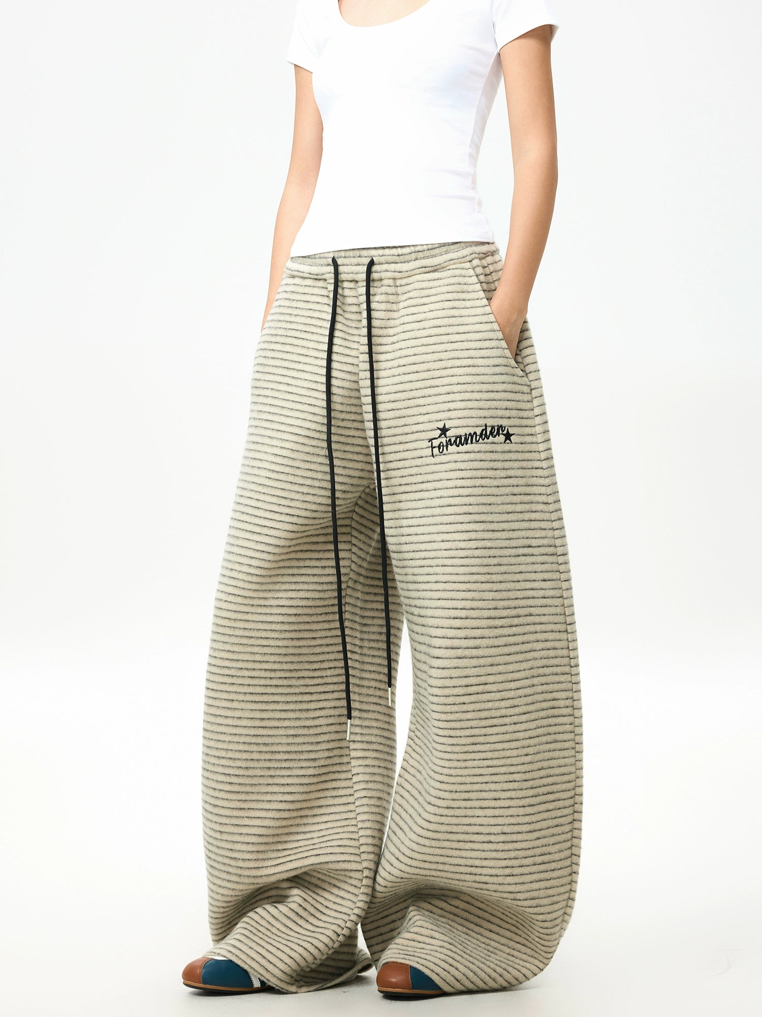 Harbor Stripe Fleece Wide-Leg Pants
