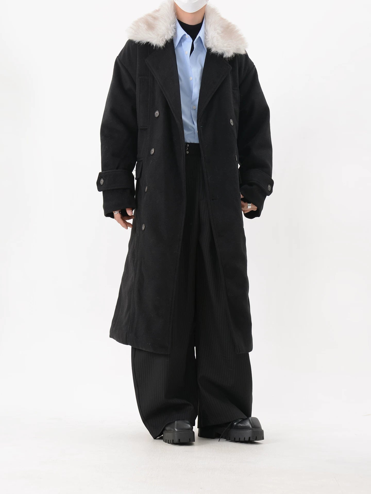 Black Faux Fur Collar Belted Long Coat