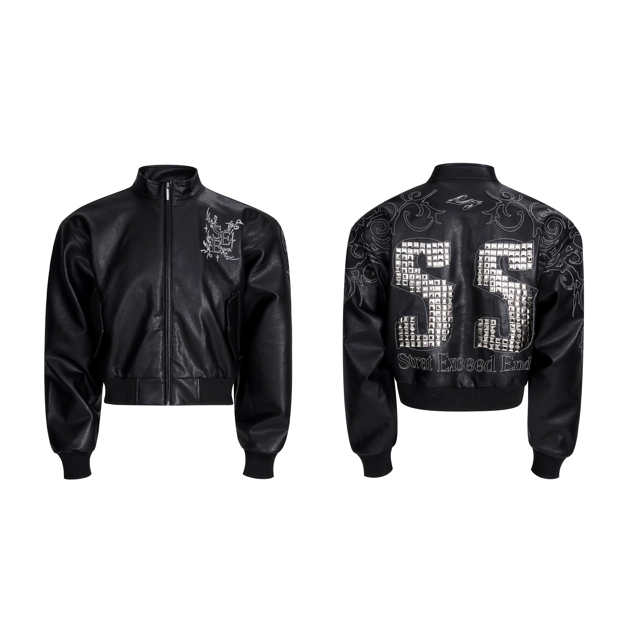Studded 55 Black Leather Bomber Jacket