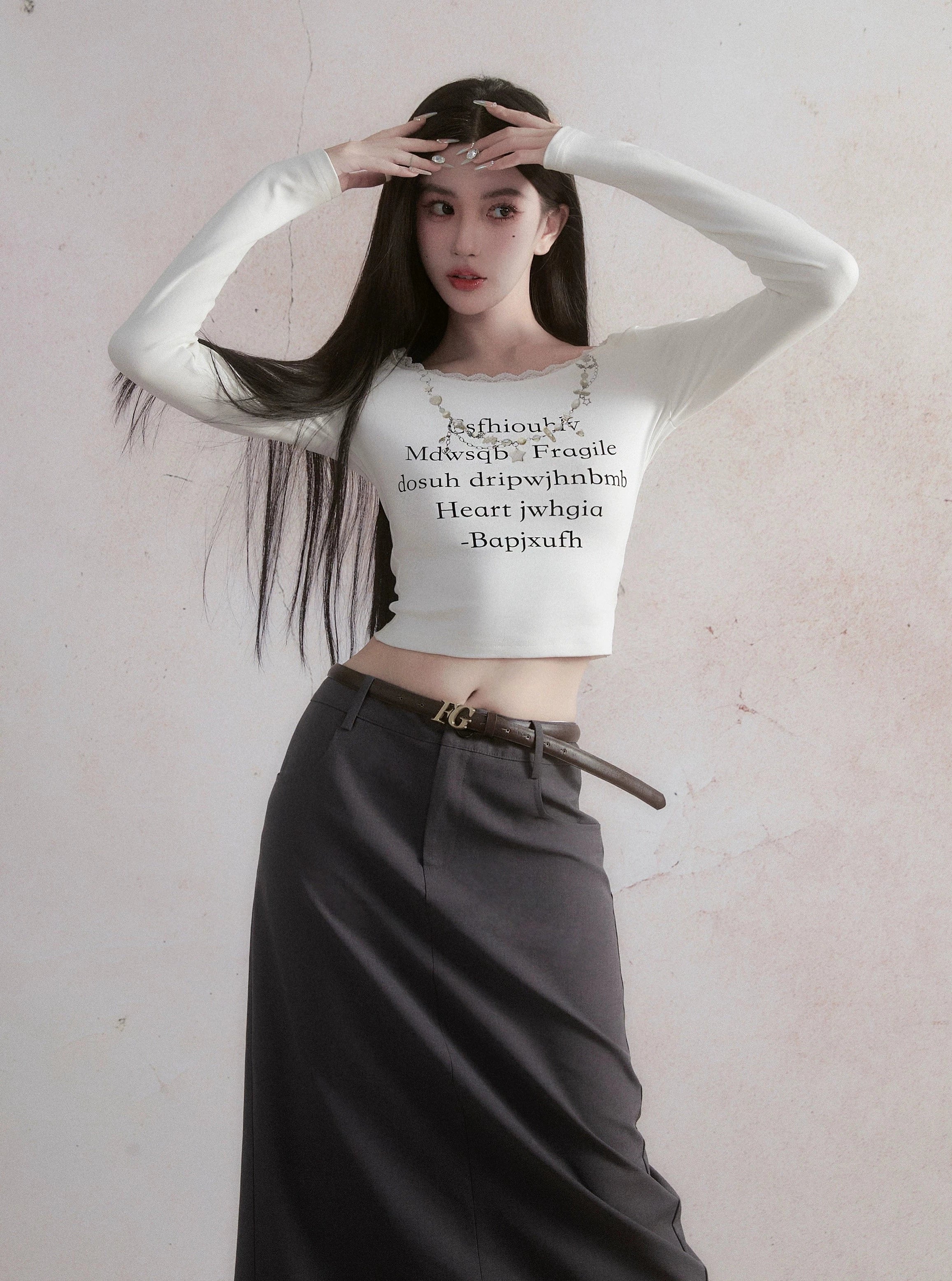 Poetic Script Long Sleeve Fitted Crop Top