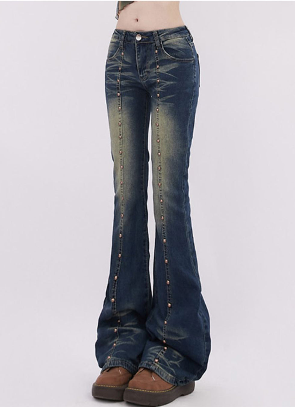 Riveted Stitched Micro Flare Jeans - chiclara
