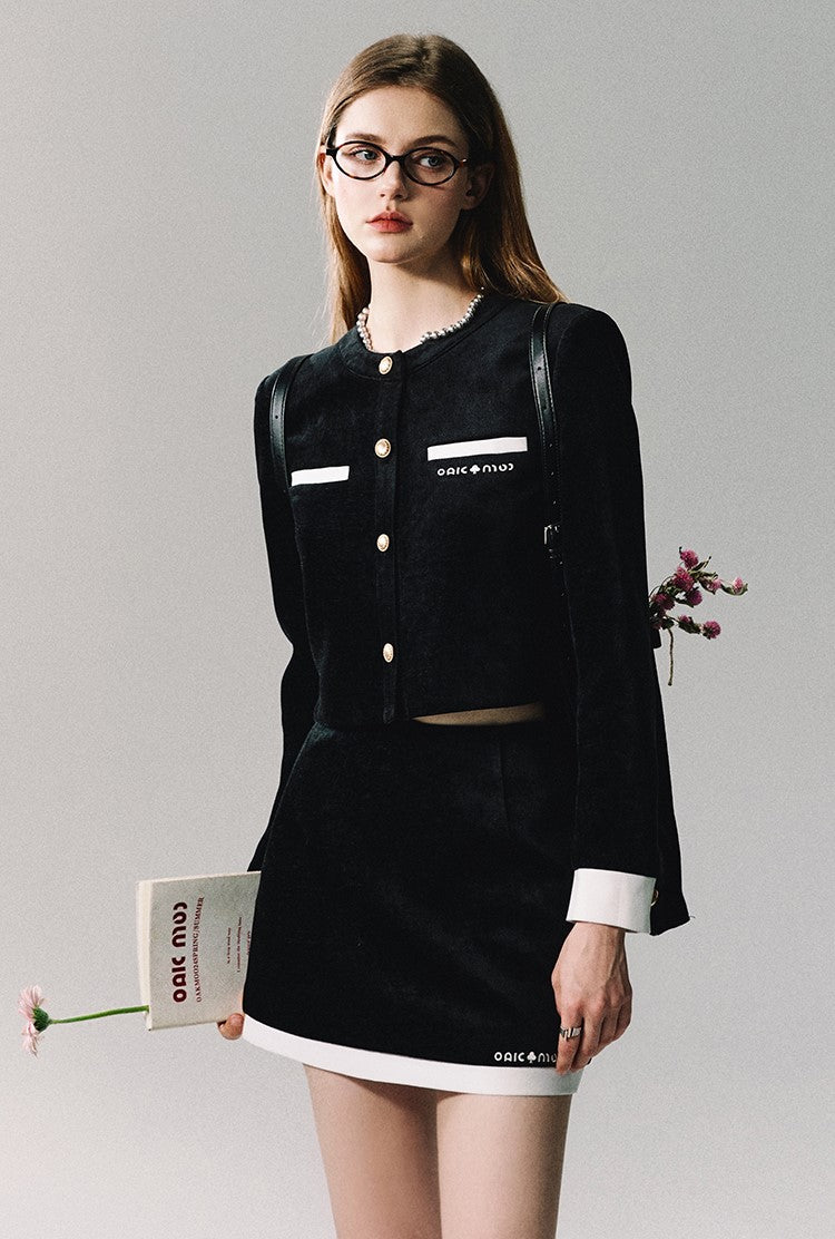 Black Velvet Contrast Trim Suit Top/Skirt