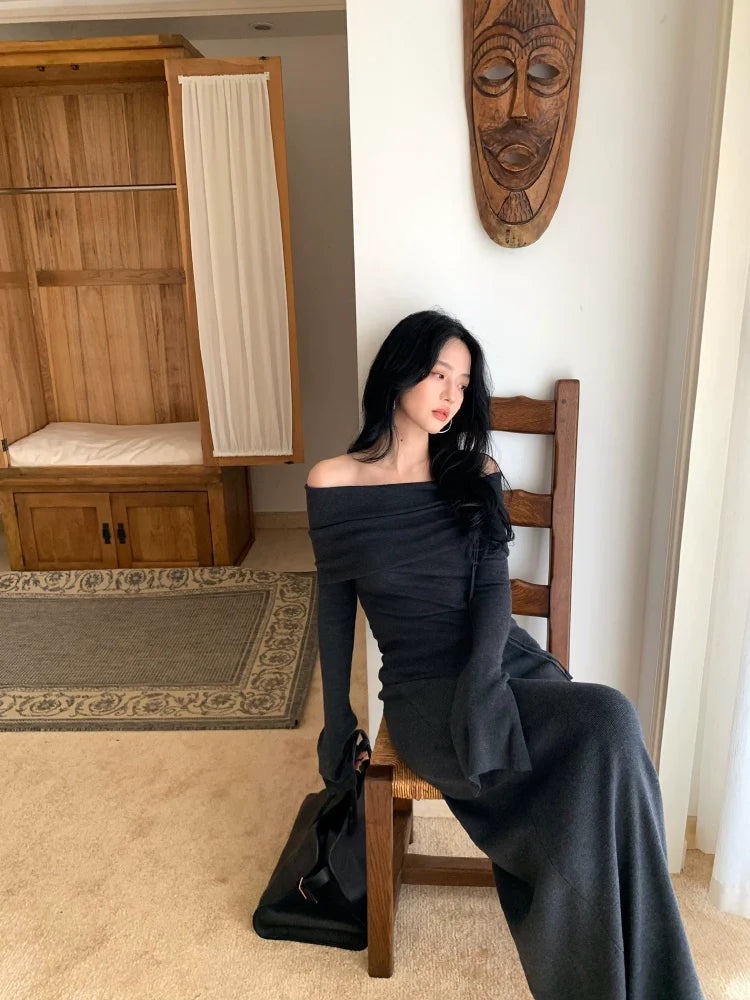 Shirred Lapel Knitted Blouse and Maxi Skirt Setup