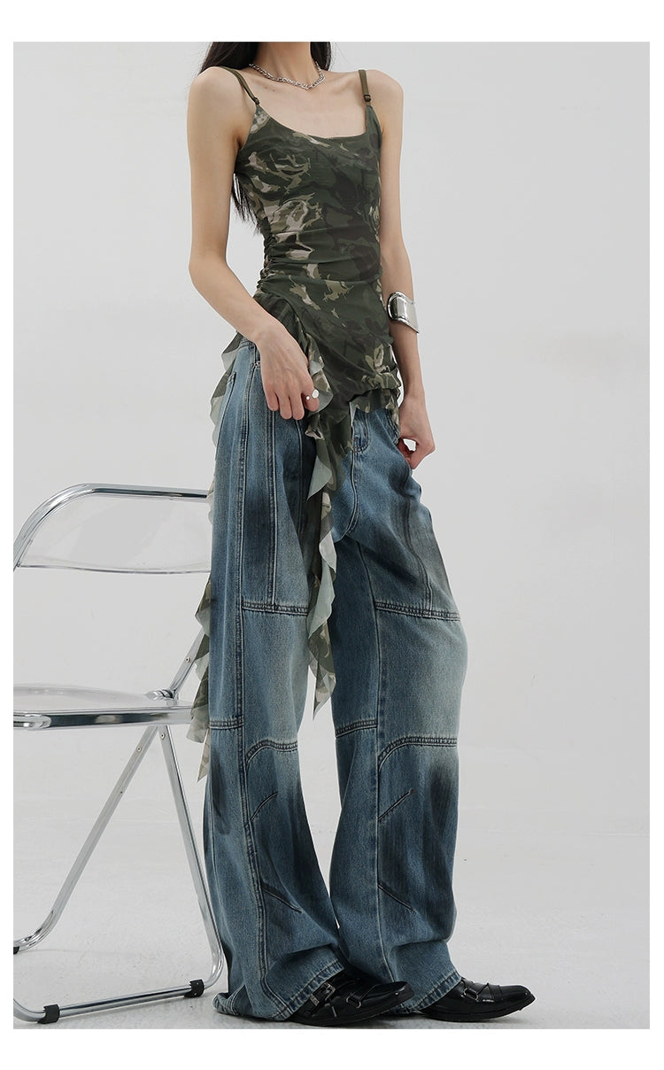 Vintage Distressed And Dirt-Dyed Patchwork Wide-Leg Jeans - chiclara