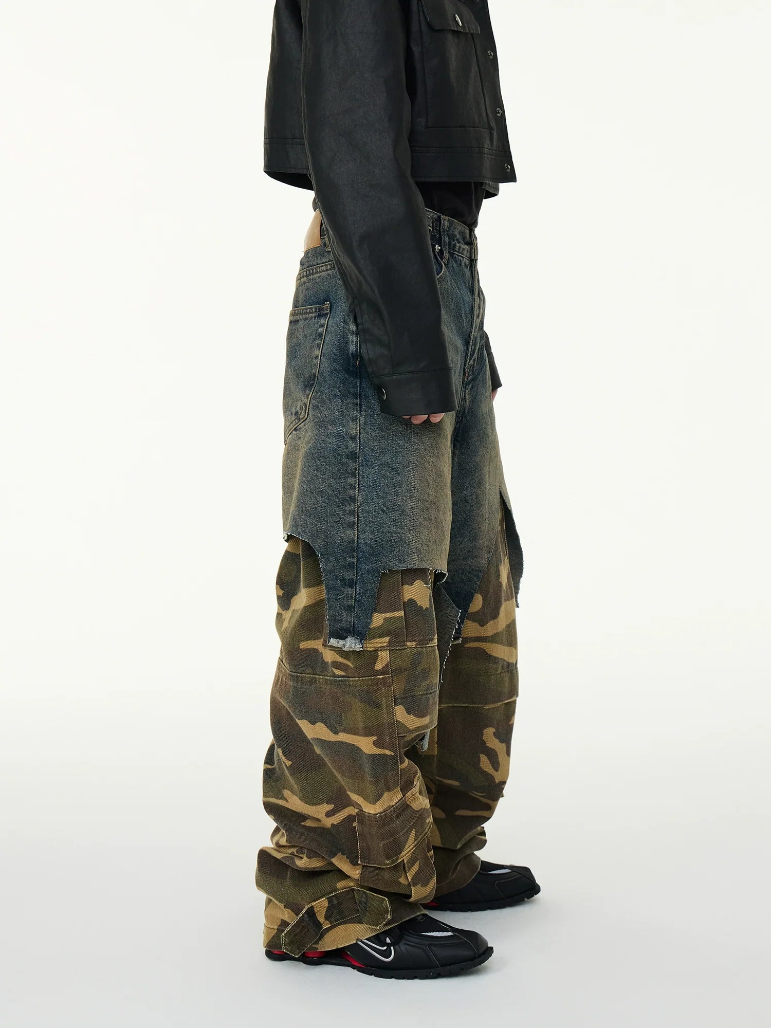 Layered Denim & Camo Patchwork Pants