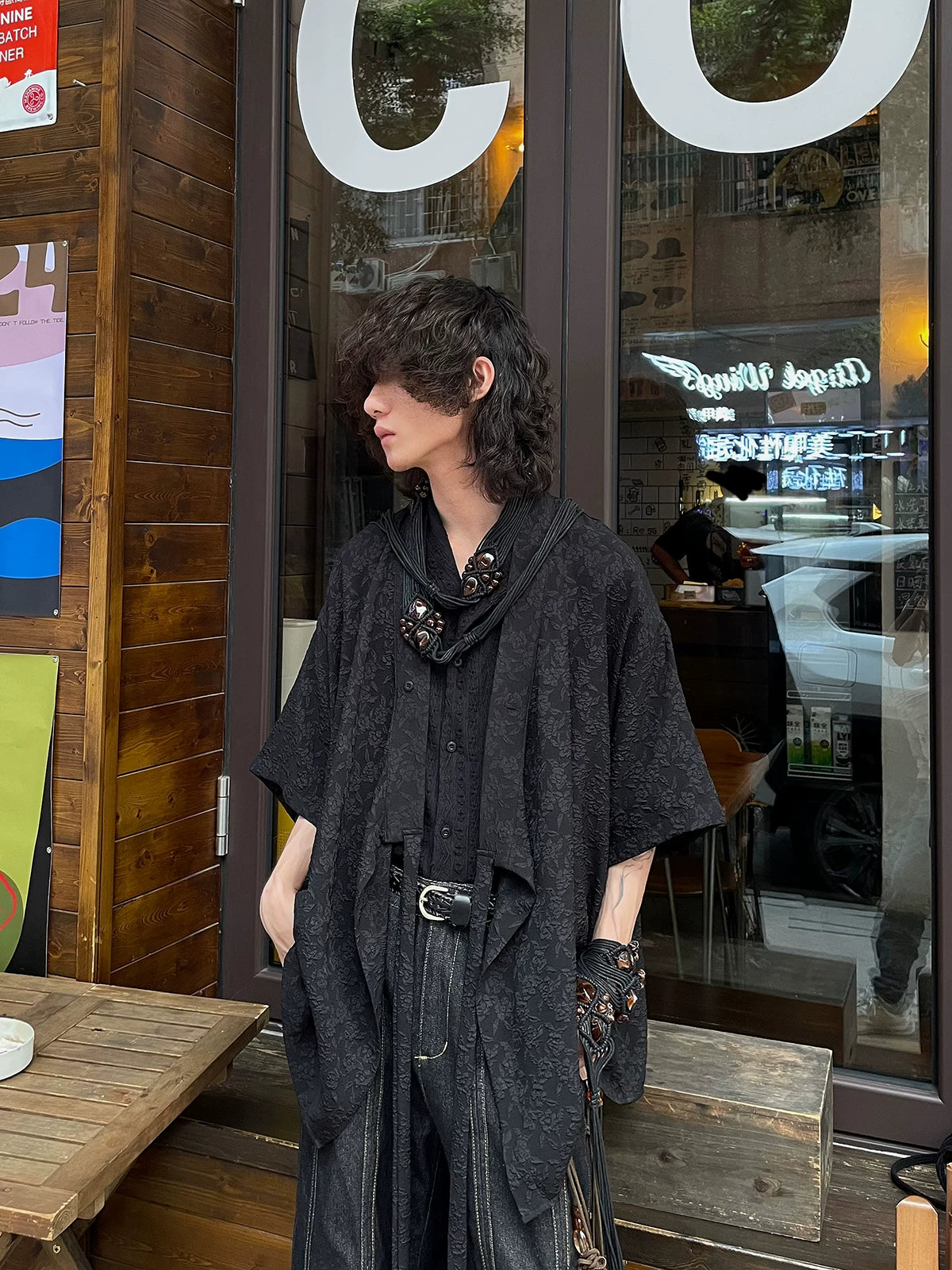 Obsidian Jacquard Draped Kimono Shirt