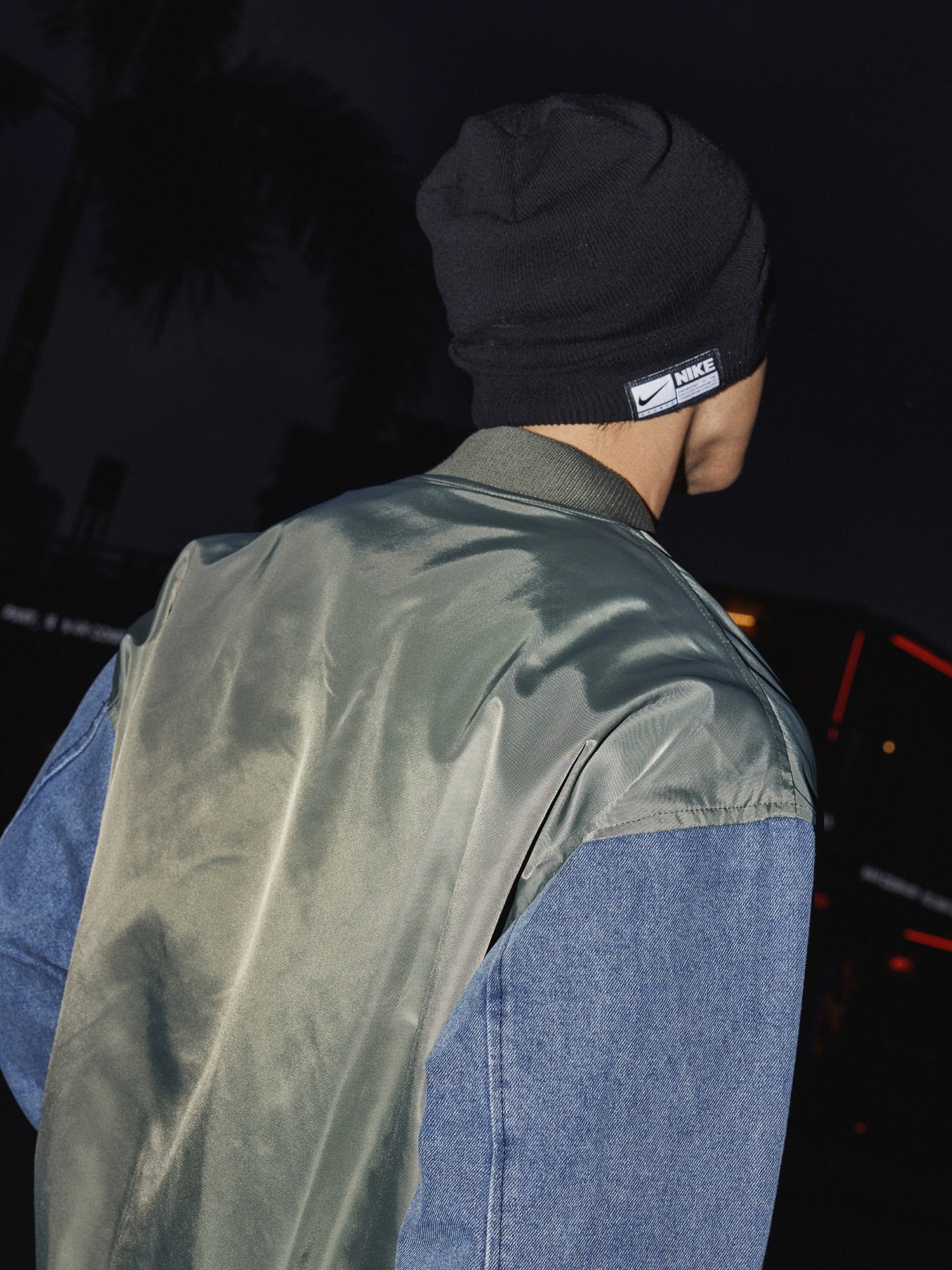 Two-Tone Denim Sleeve Bomber Jacket