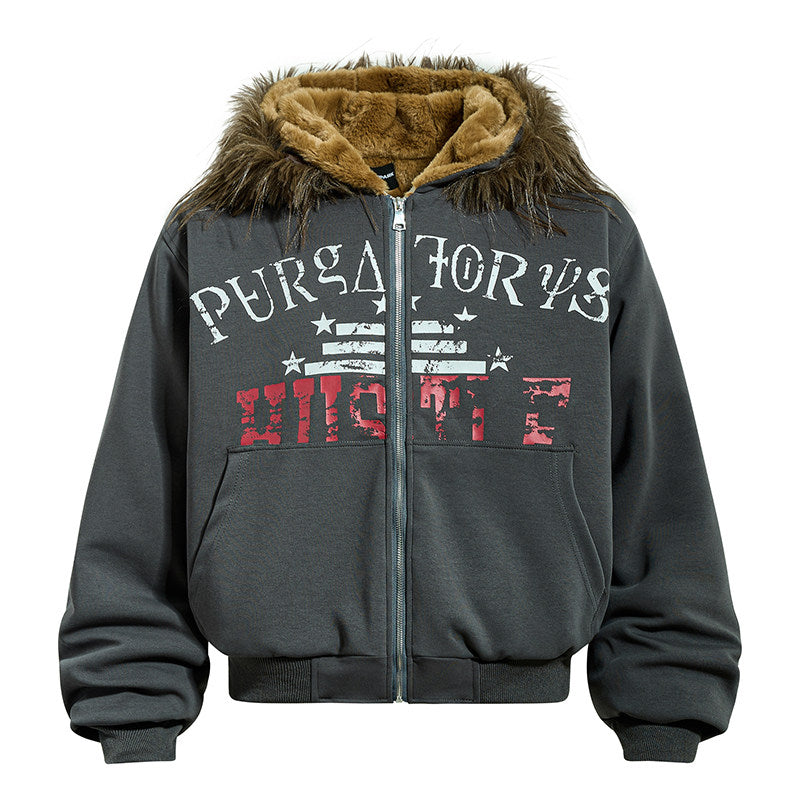 Men's Faux-Fur Graffiti-Print Zip-Up Hooded Jacket