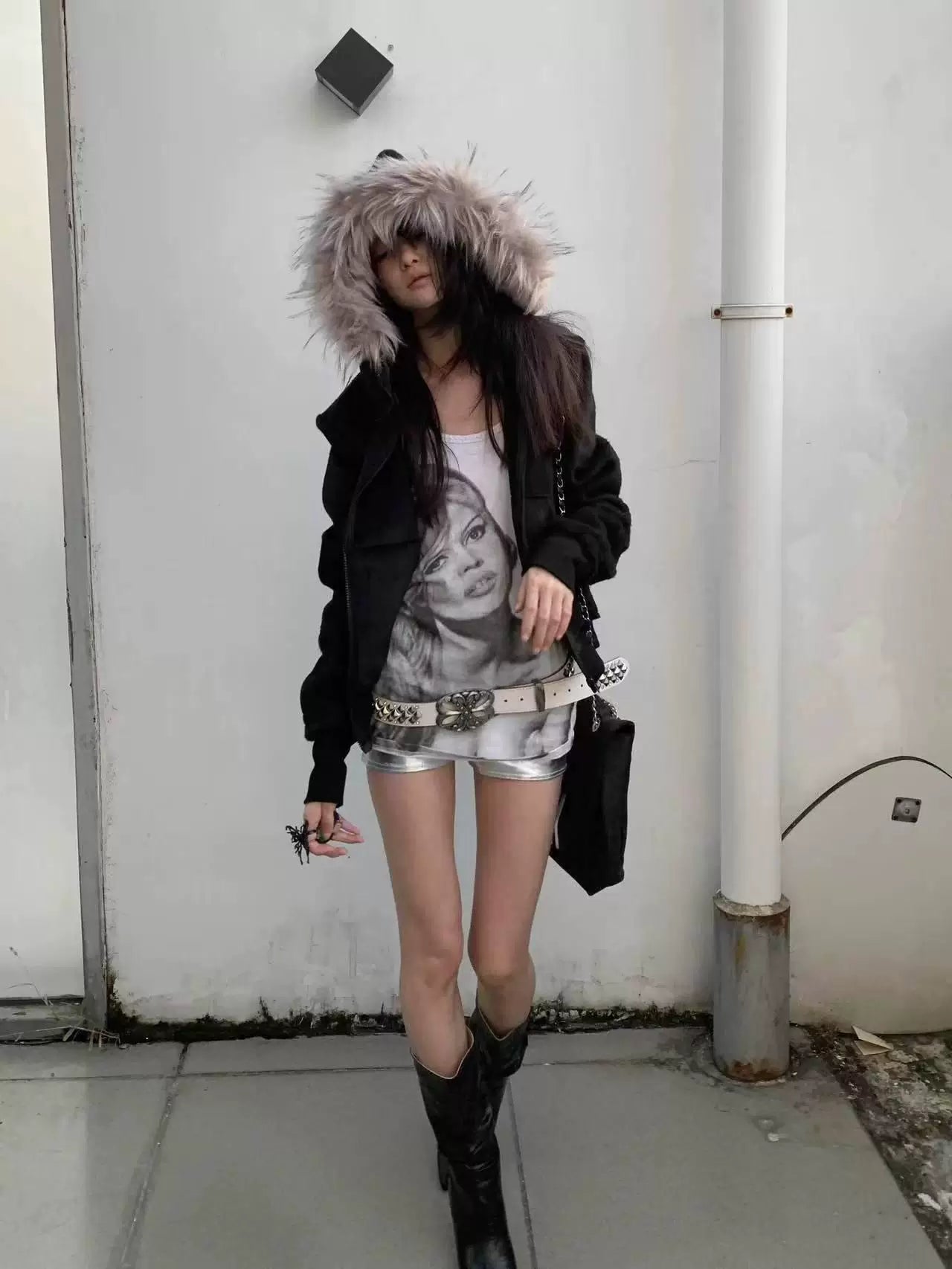 Cross Coffin Gold Raccoon Fur Cropped Hoodie