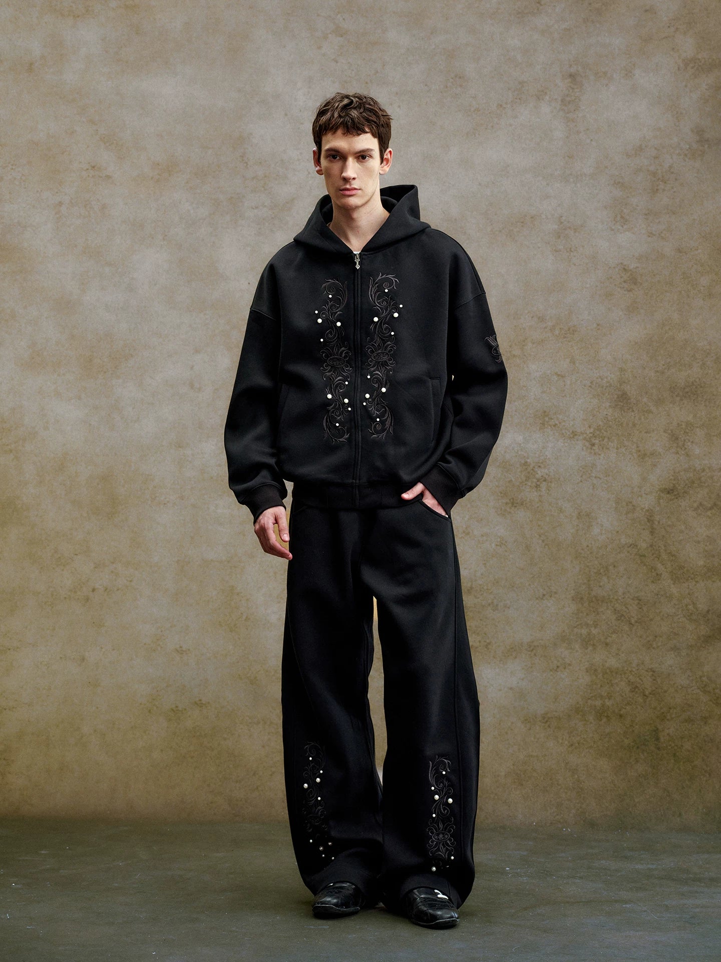 Pearl Embroidered Zip-Up Hoodie