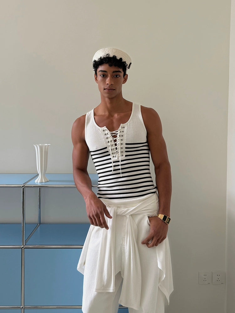 White and Navy Striped Lace-Up Tank Top