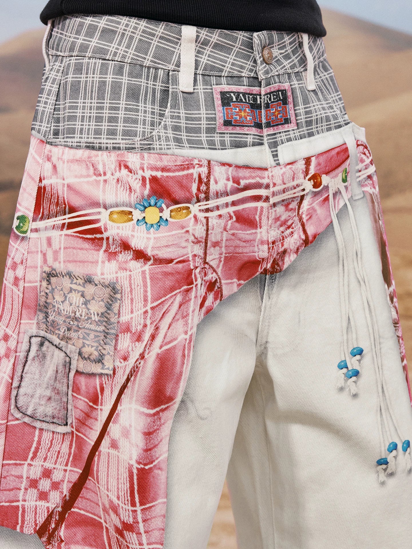 Layered Plaid Waist Wide Leg Jeans
