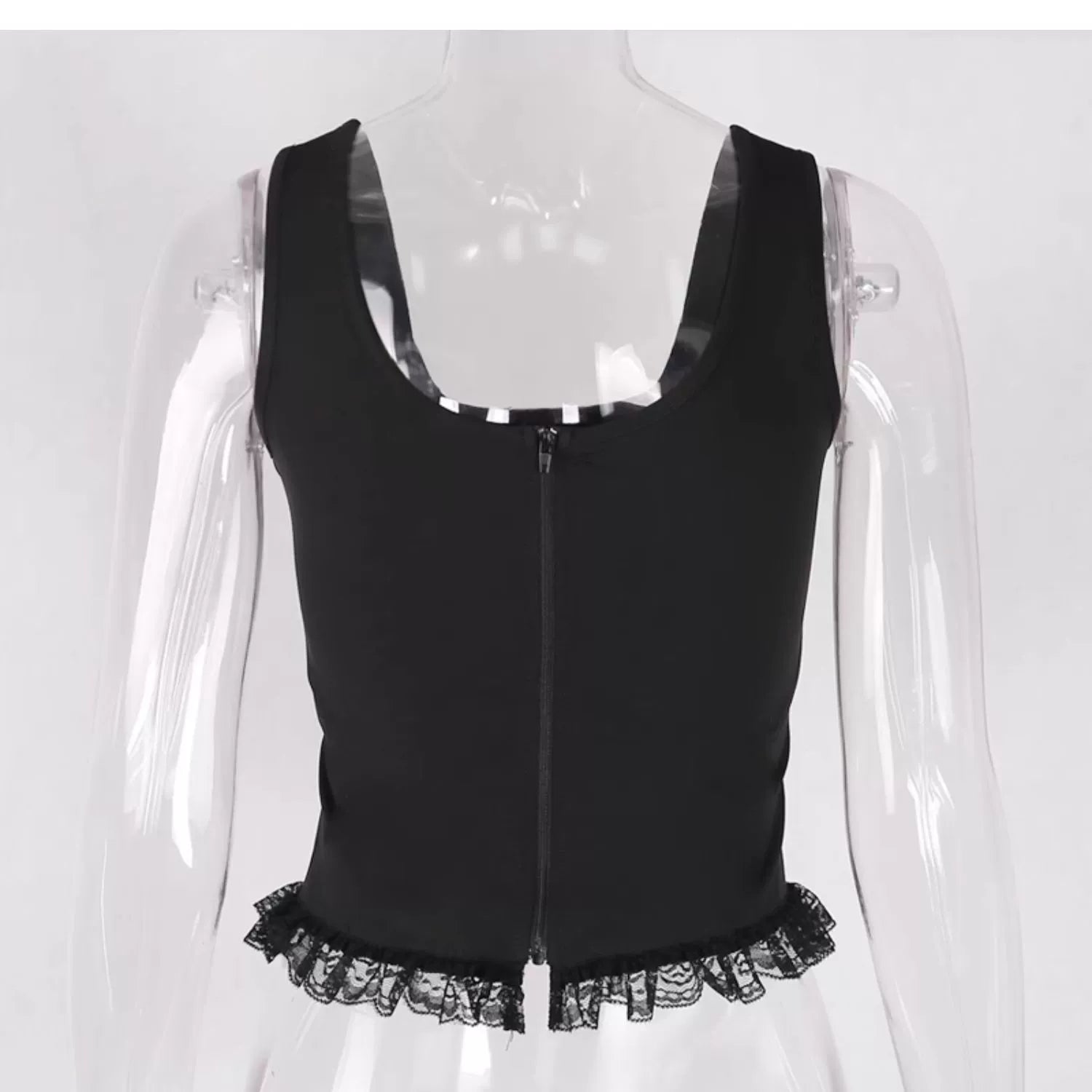 Wannathis Gothic Lace-Up Crop Top - Black Sleeveless Corset Tank With Lace Trim