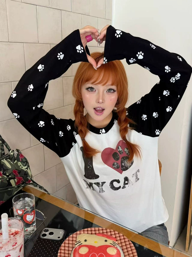 Pawprint Heart Cat Lover Raglan Longsleeve