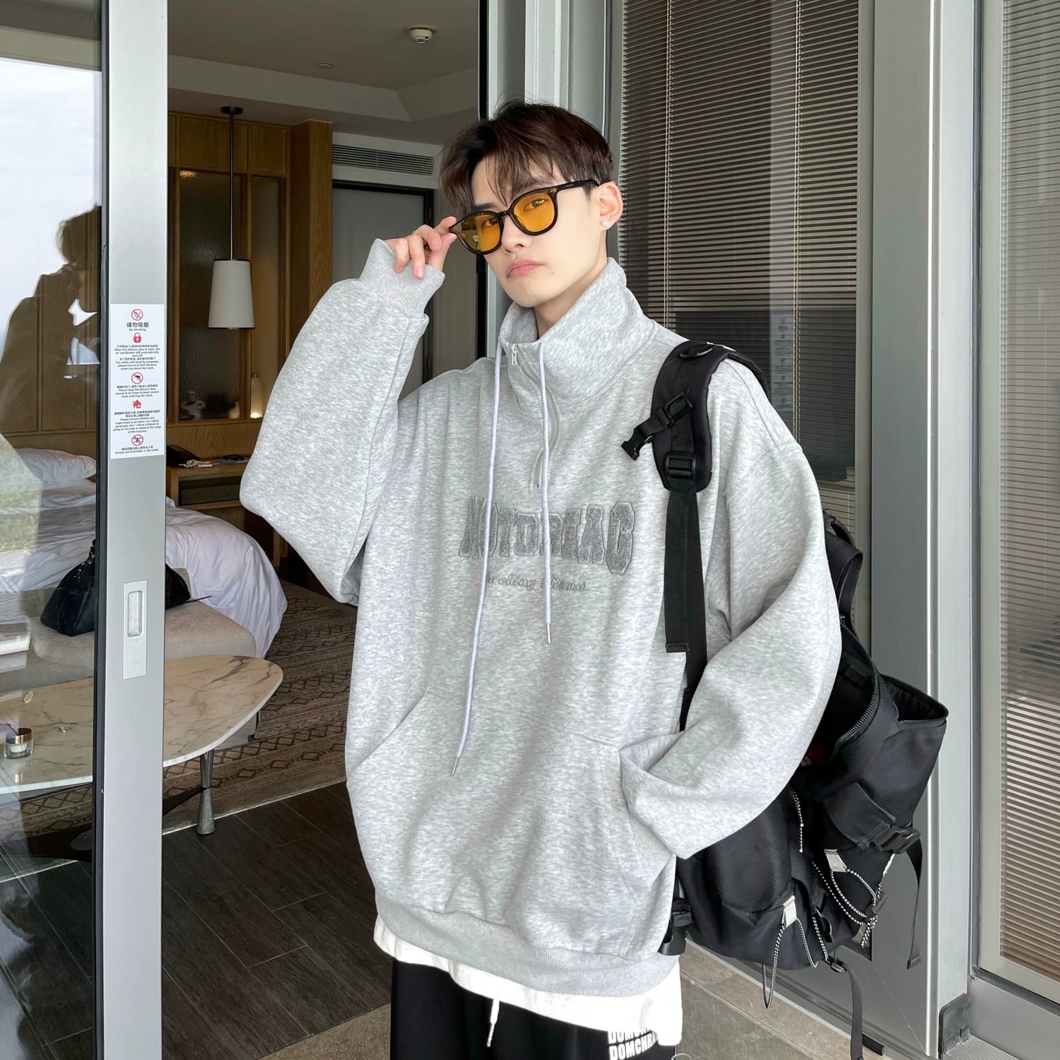 Quarter-Zip Mock Neck Sweatshirt with Embroidered Text