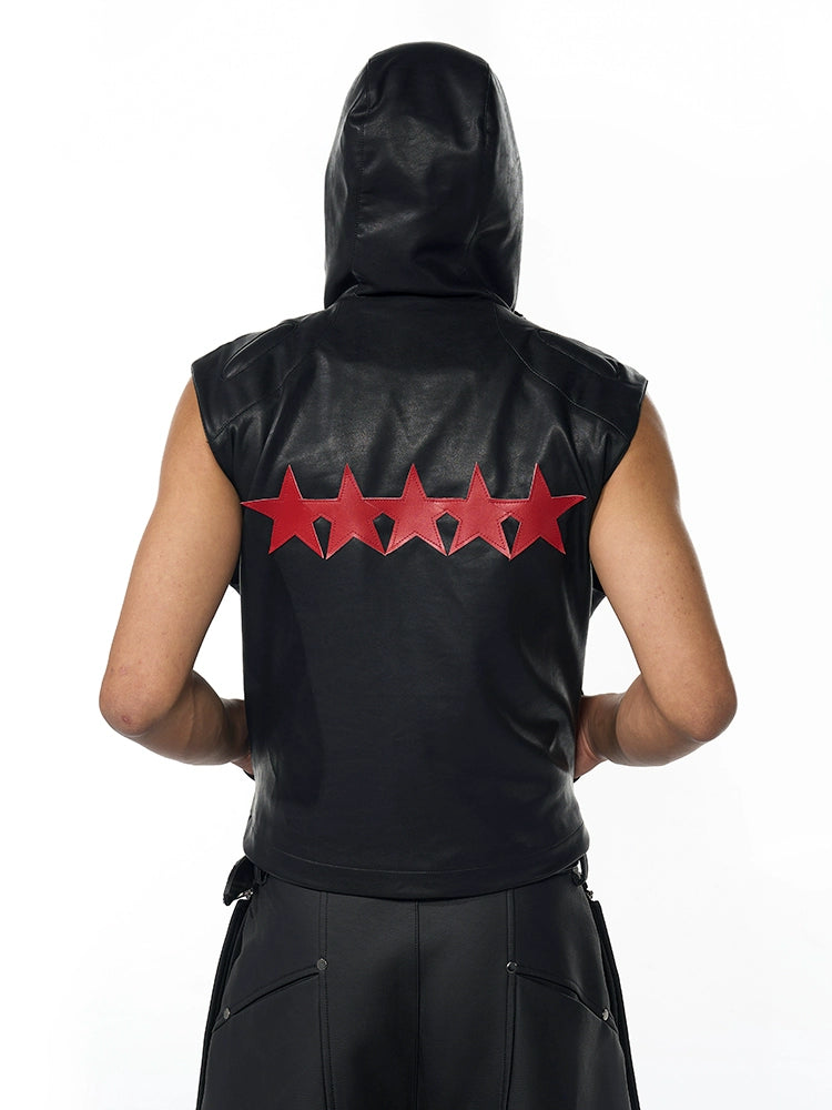 Black Sleeveless Hooded Leather Vest