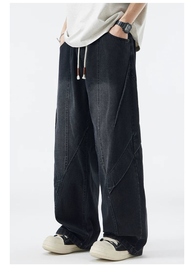 Paneled Drawstring Wide-Leg Jeans