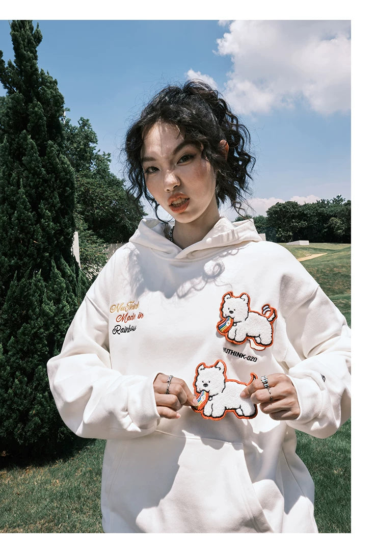 Embroidered Dog Graphic Oversized Pullover Hoodie