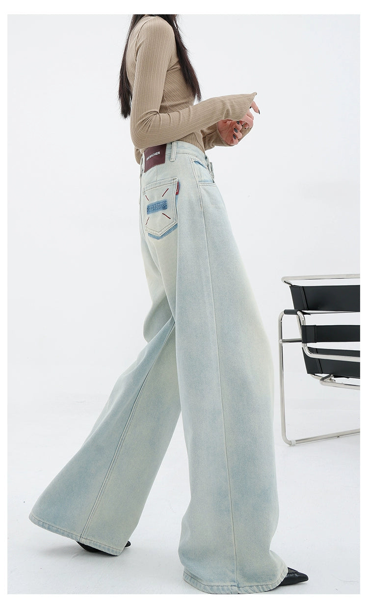 Light Blue Loose Straight Wide-Leg Denim Pants With Embroidery Design - chiclara