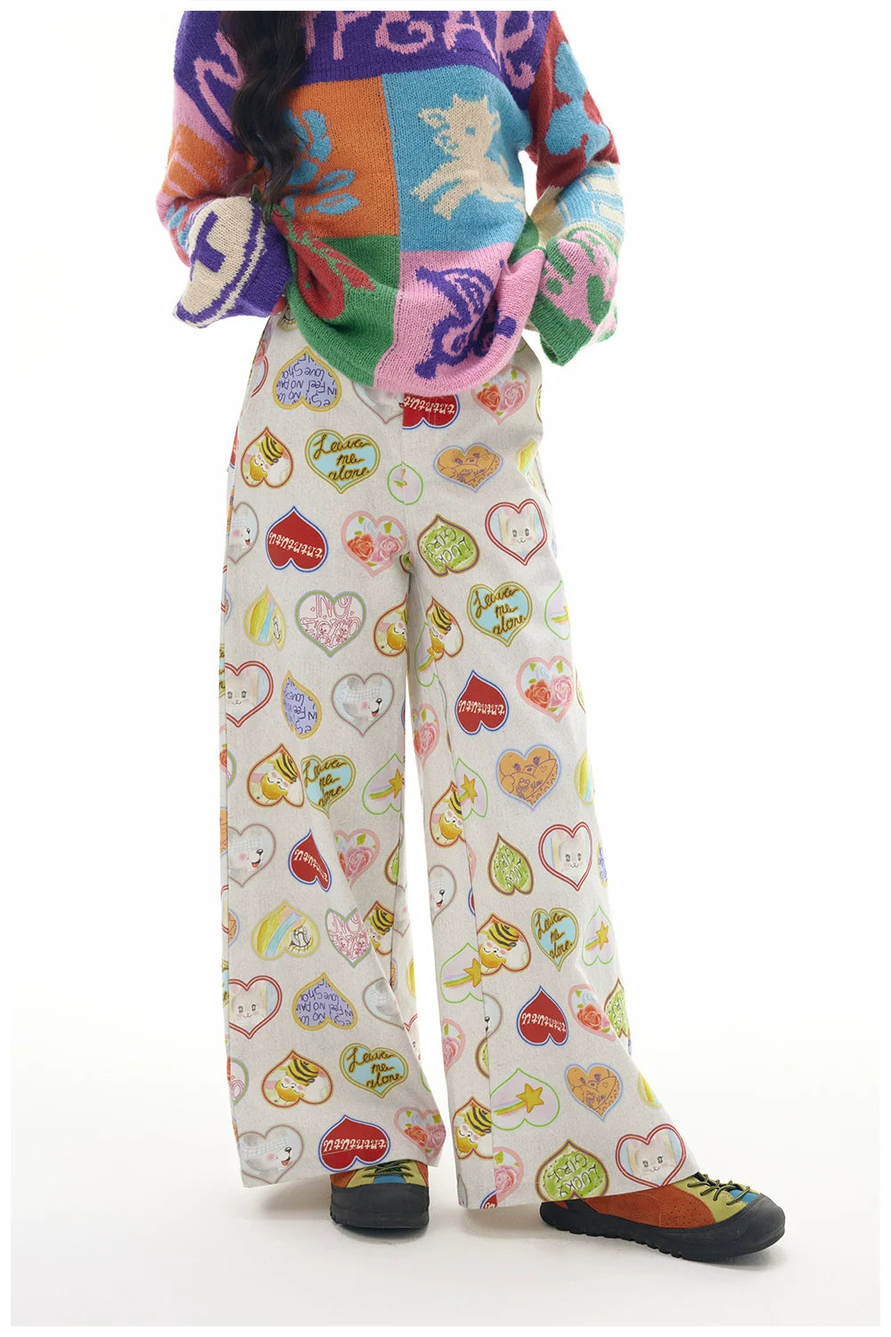 Cute Heart Print Wide Leg Pants