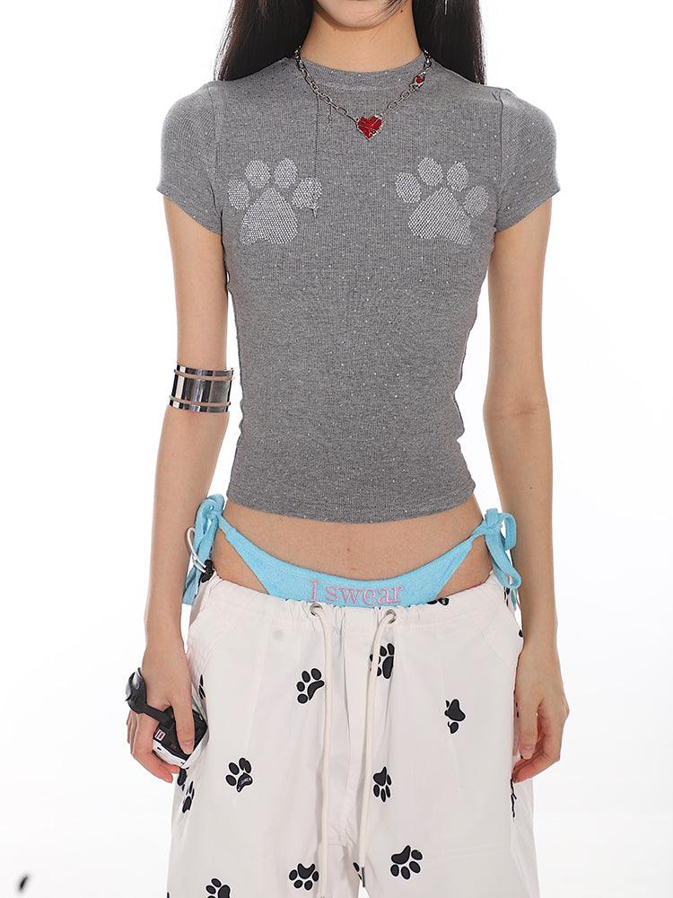 Cat Paw Print Fitted Short Sleeve Tee - chiclara