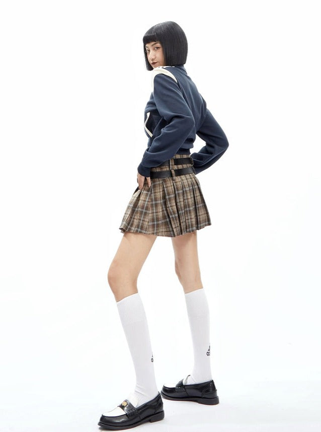 Plaid Pleated Mini Skirt with Double Buckle Belt