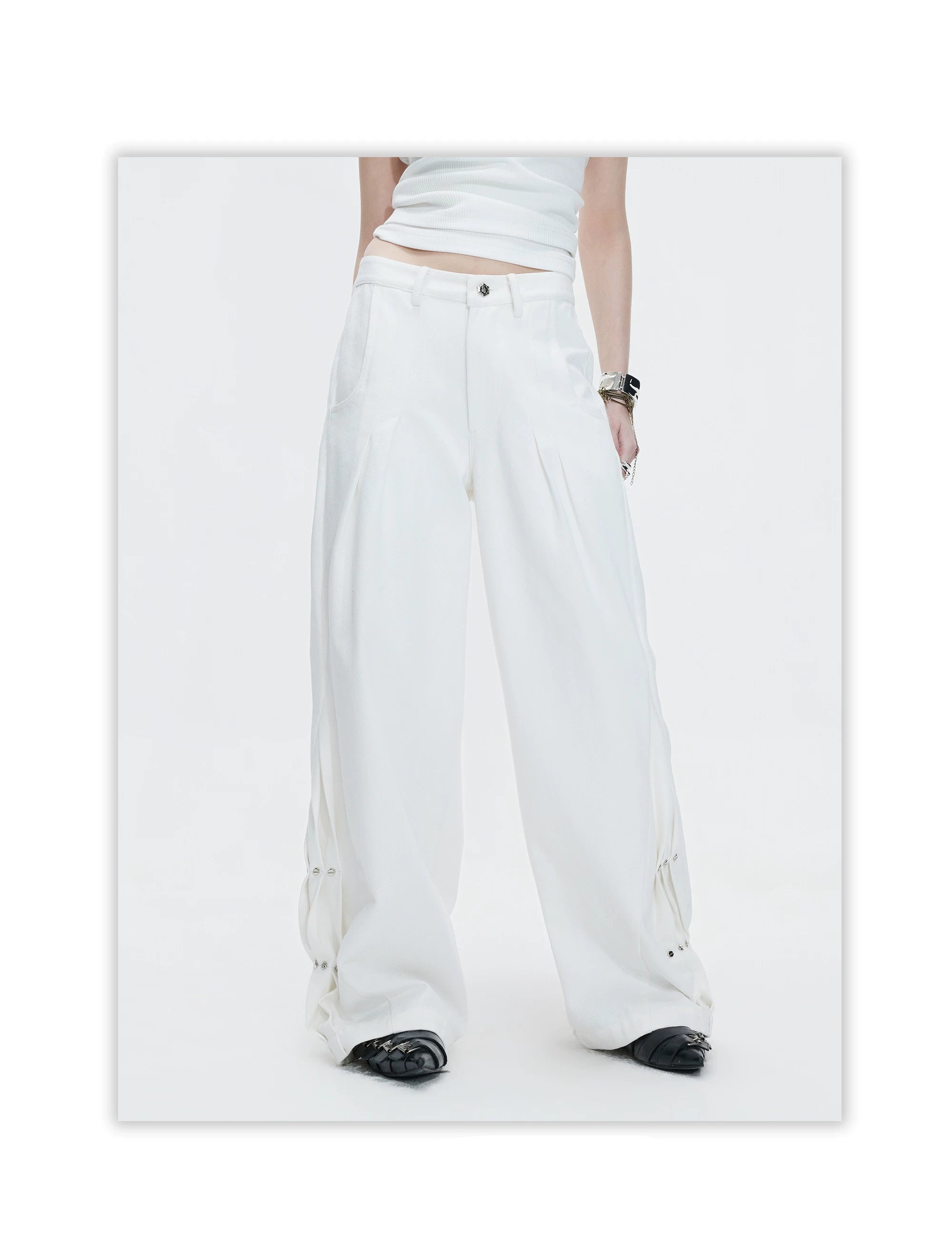 Snap Detail Draped Wide Leg Pants