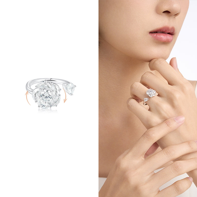 Spinning Camellia Statement Ring - Crystal White