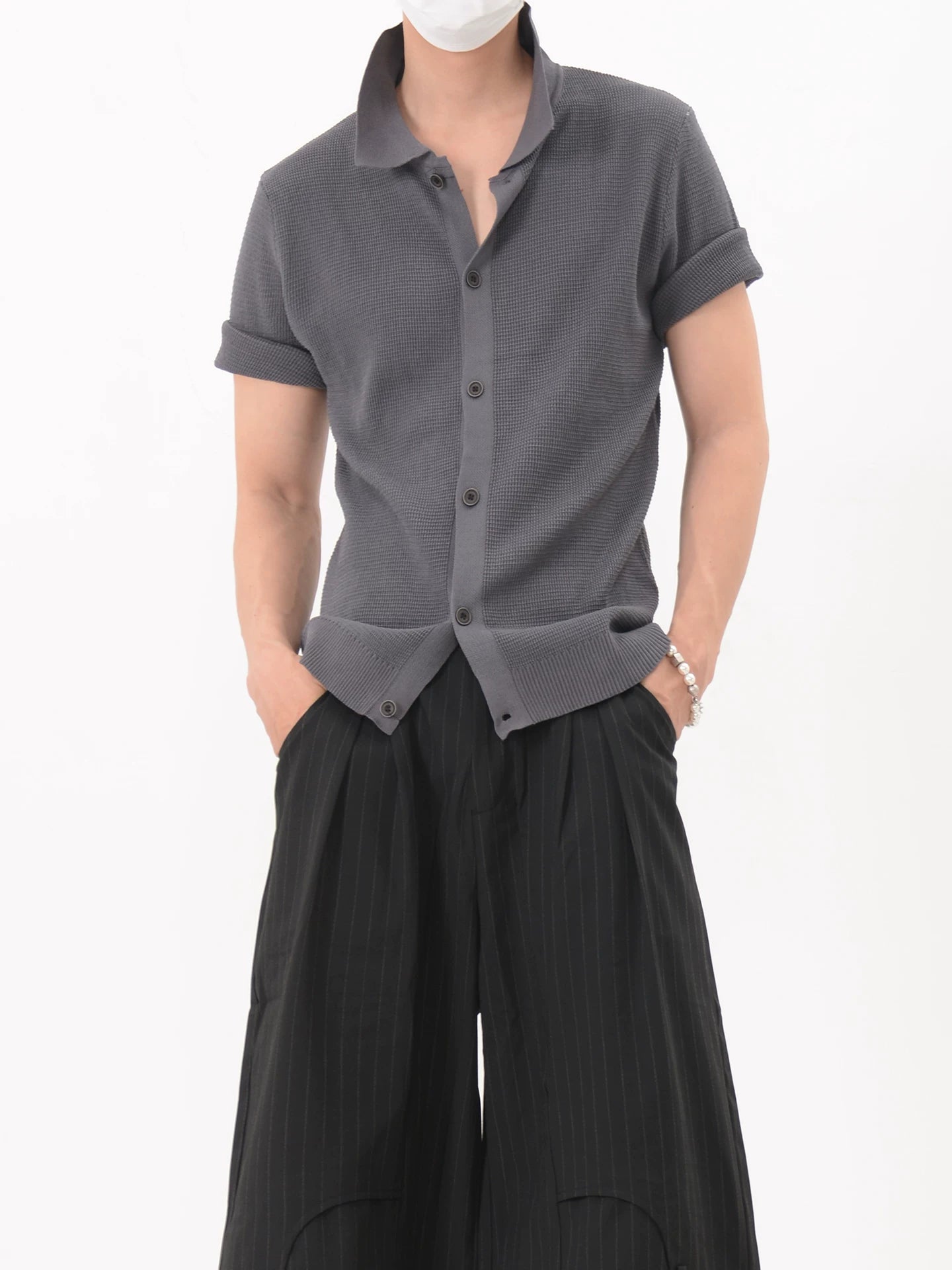 Textured Polo Collar Button Front Shirt