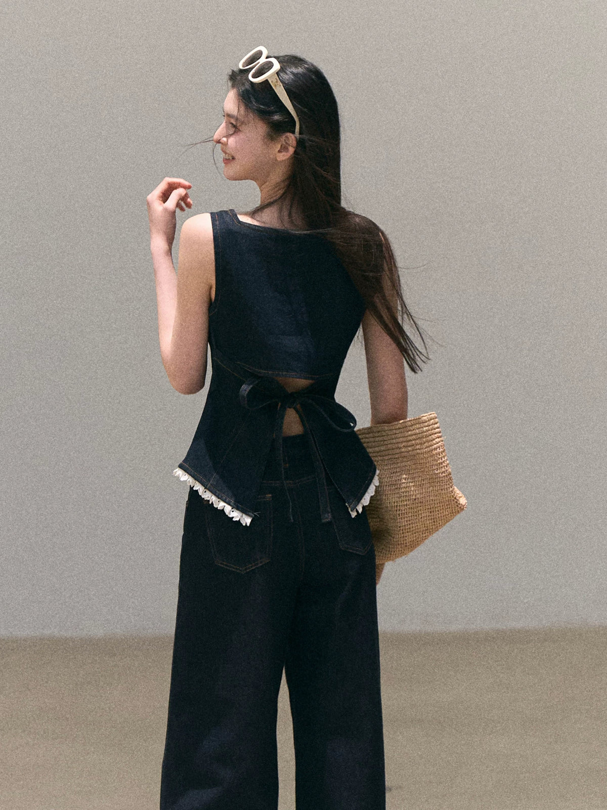Lace Trim Denim Peplum Cami Top