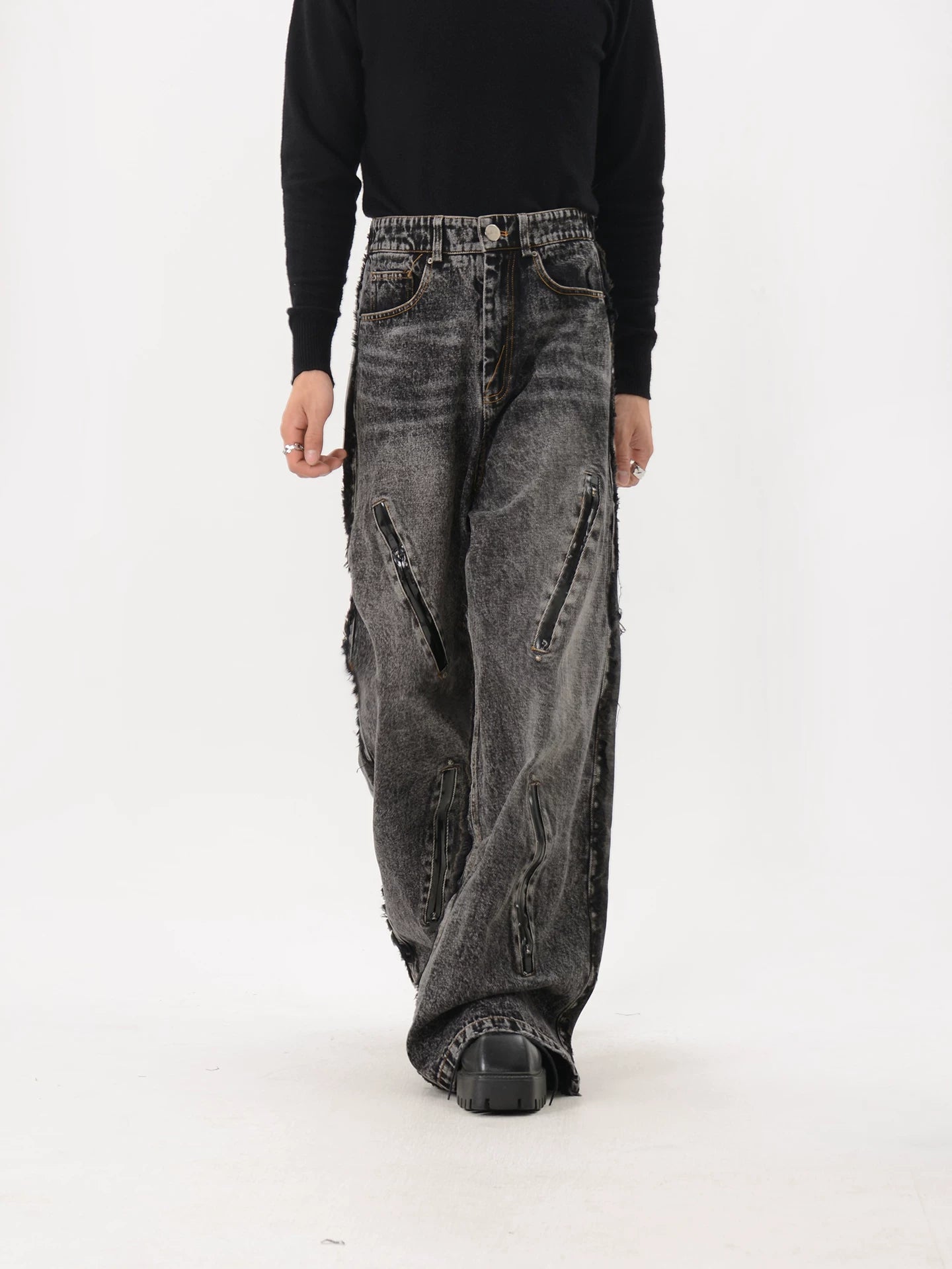 Deconstructed Raw Hem Wide-Leg Jeans