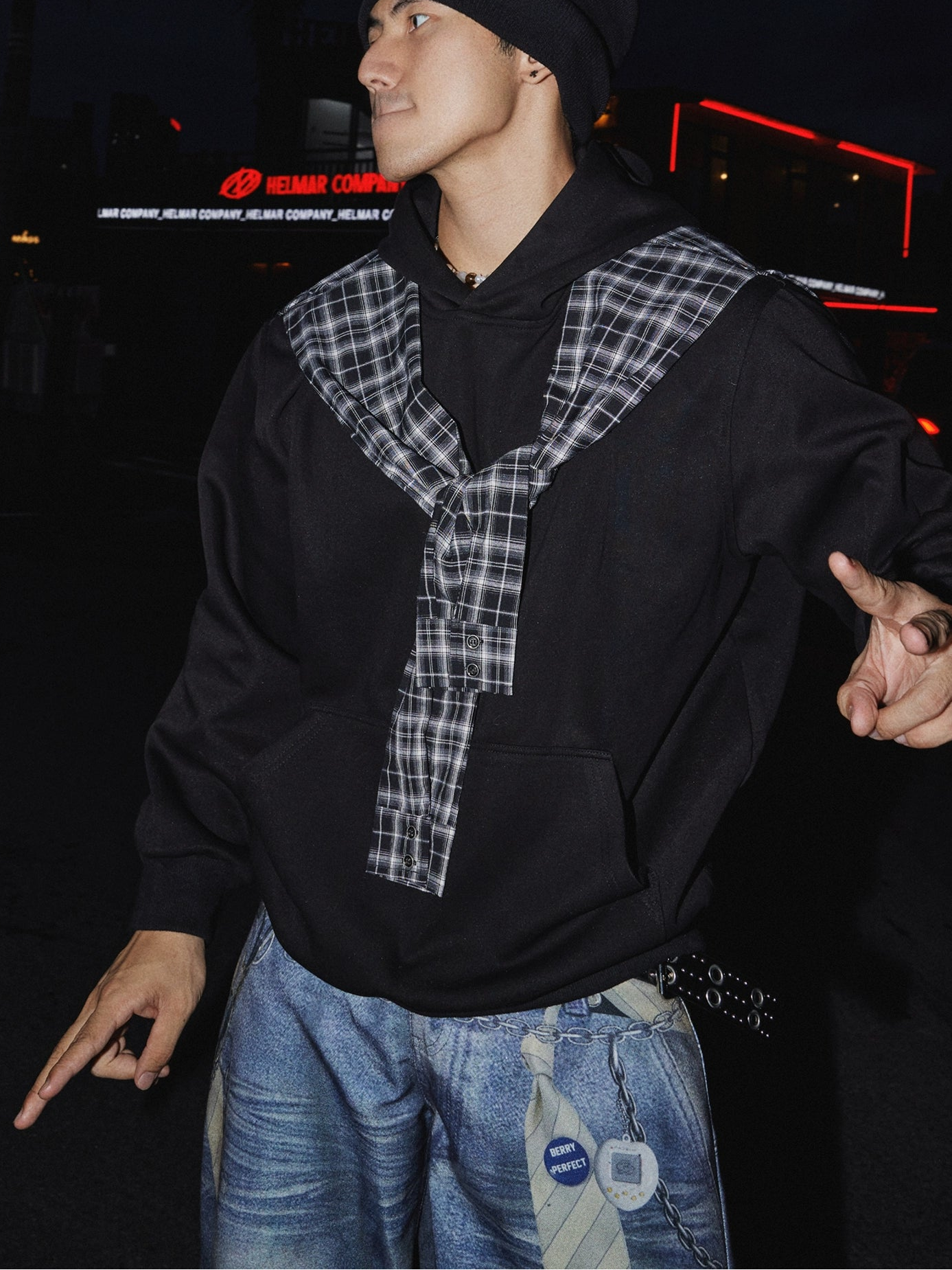 Hoodie with Plaid Scarf Detail