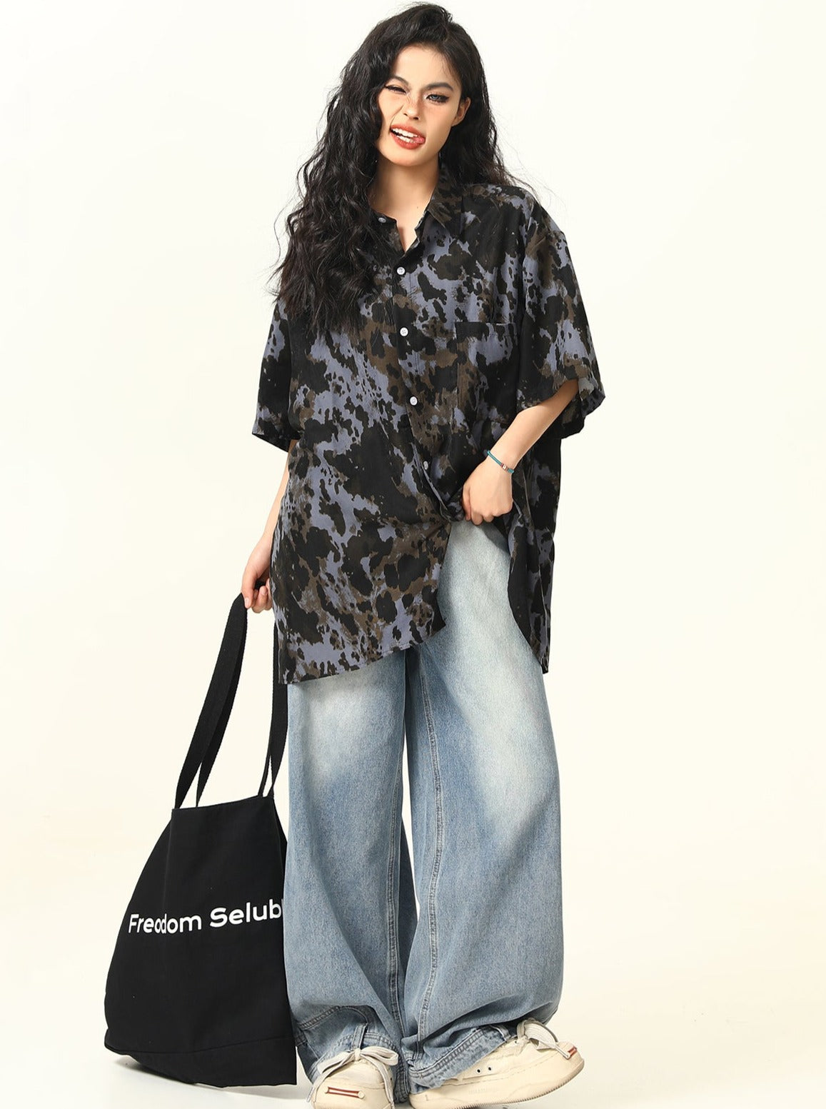 Oversized Tie-Dye Button-Up Shirt in Black and Grey