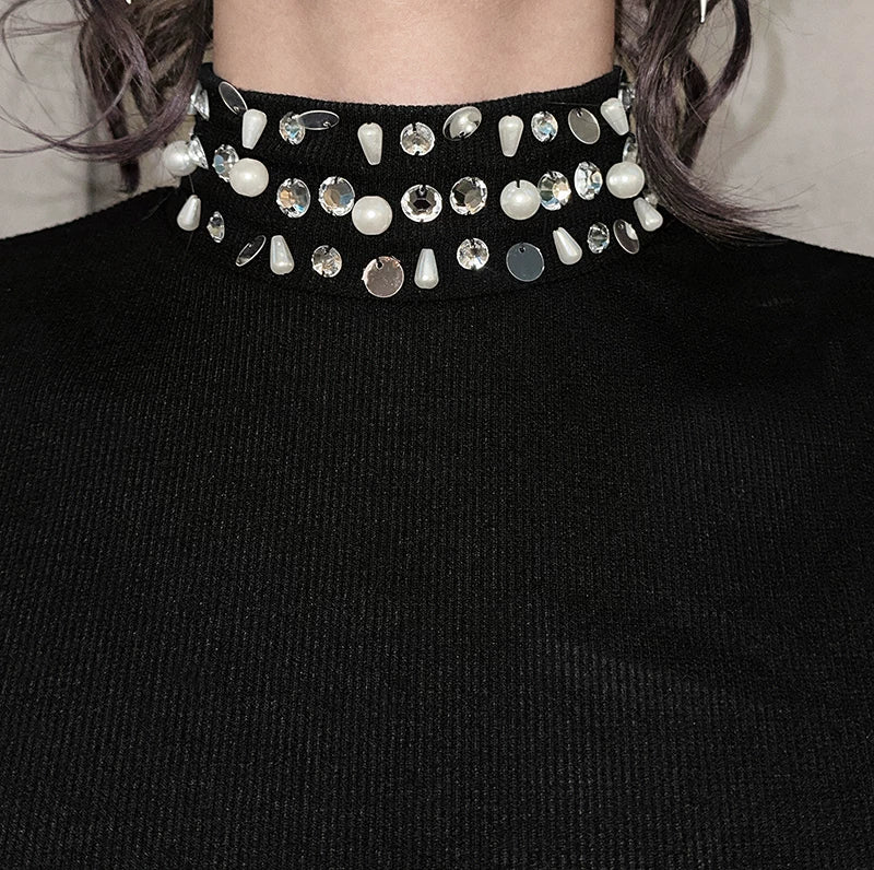 Starlit Collar Crystal Knit Top