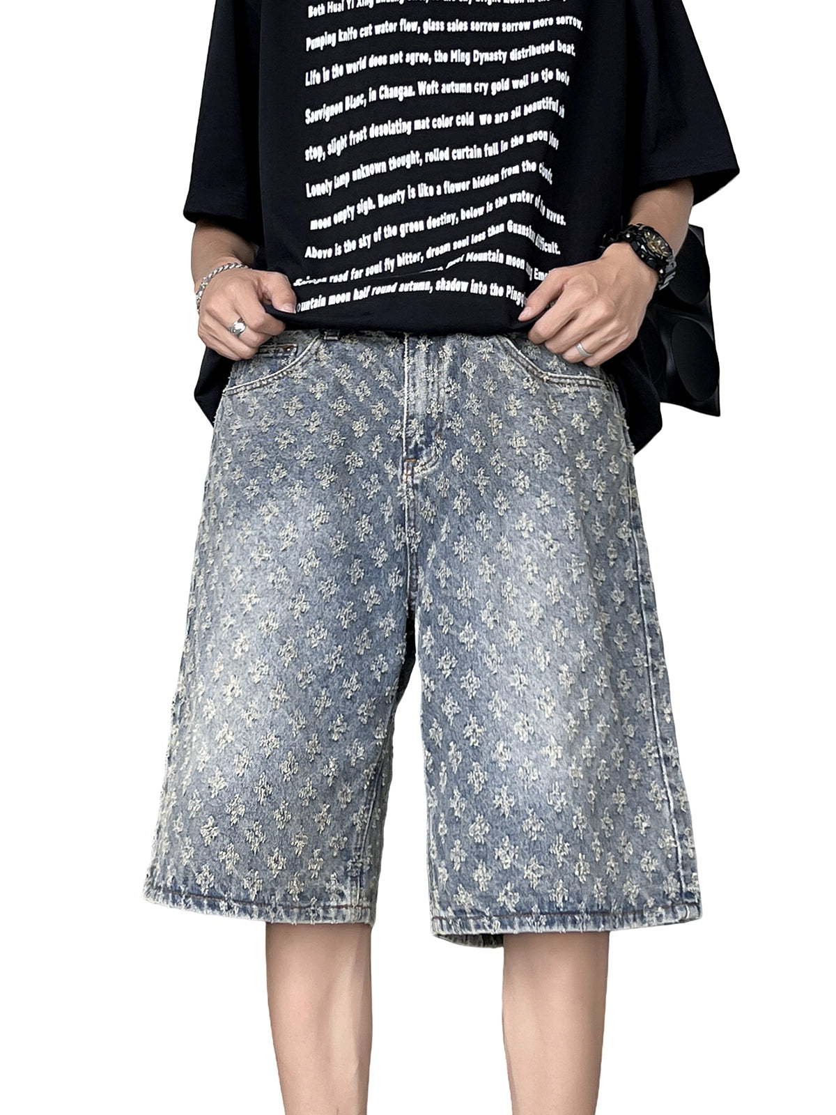 Distressed  Wash Denim Shorts with Embroidered Floral Pattern