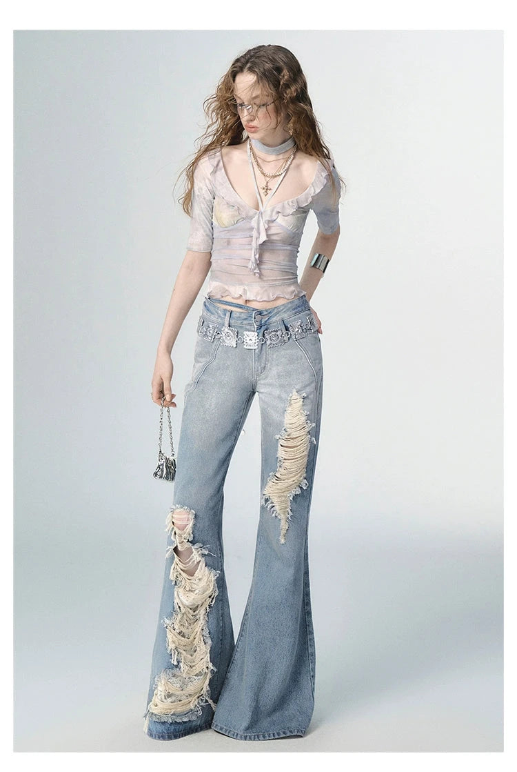 Of Akiva Distressed Flare Denim Jeans