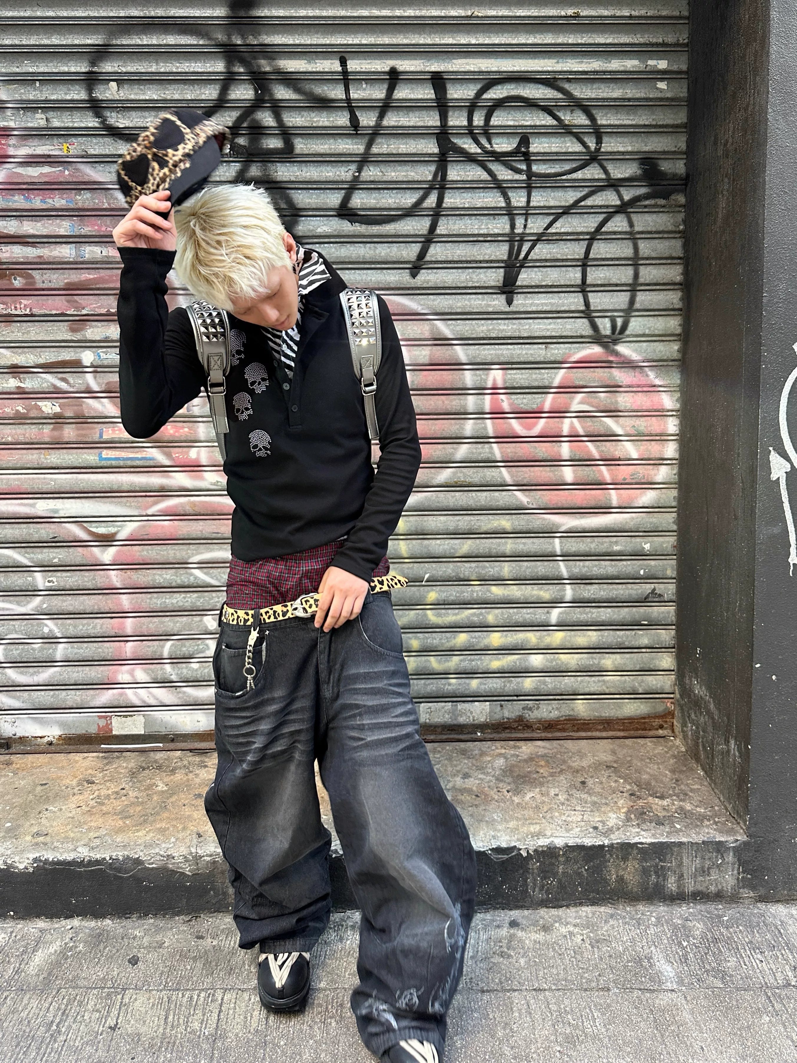 Skull Stripe Collar Long‑Sleeve Polo Sweatshirt