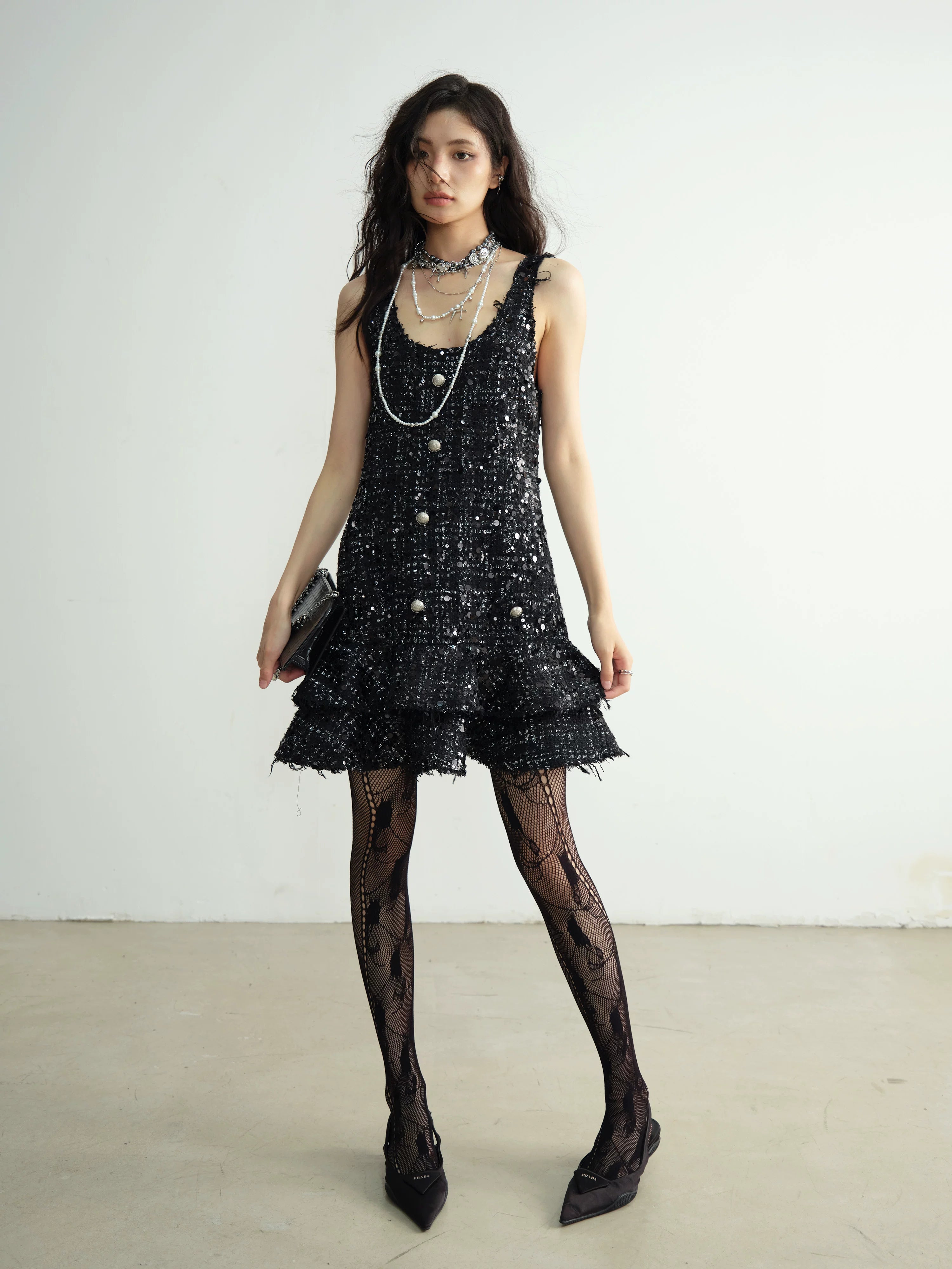 Black Sequin Tweed Tiered Mini Dress