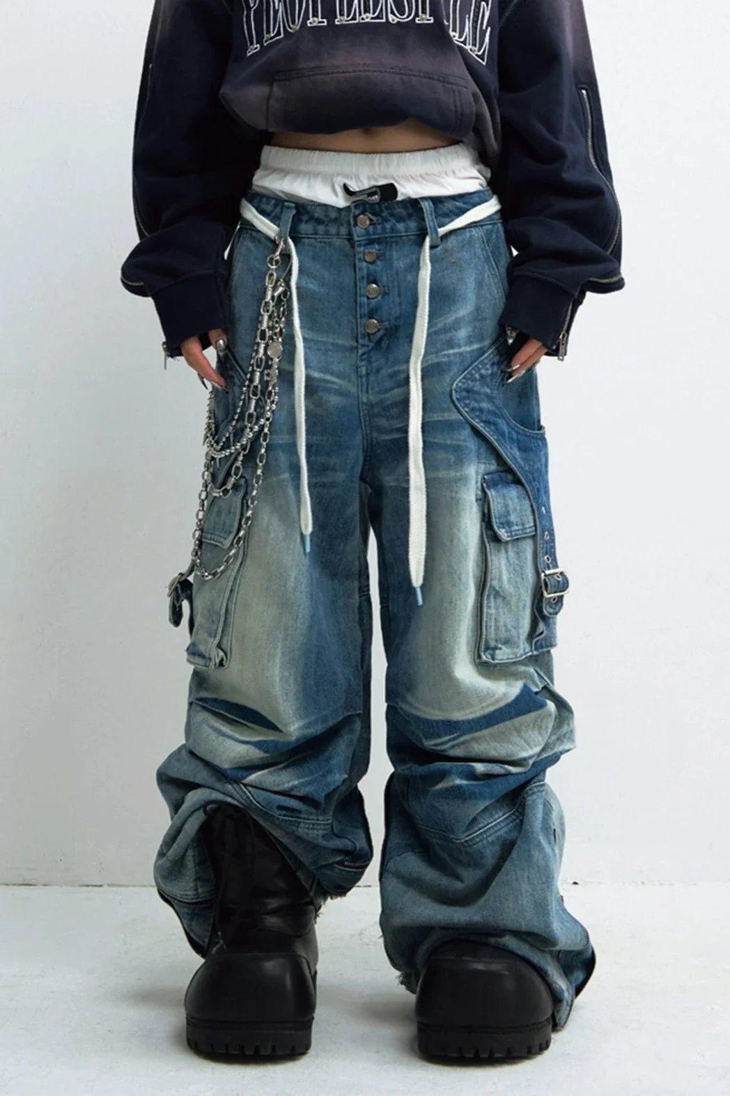 Men's Shaped Breasted Pleated Wide-Leg Jeans