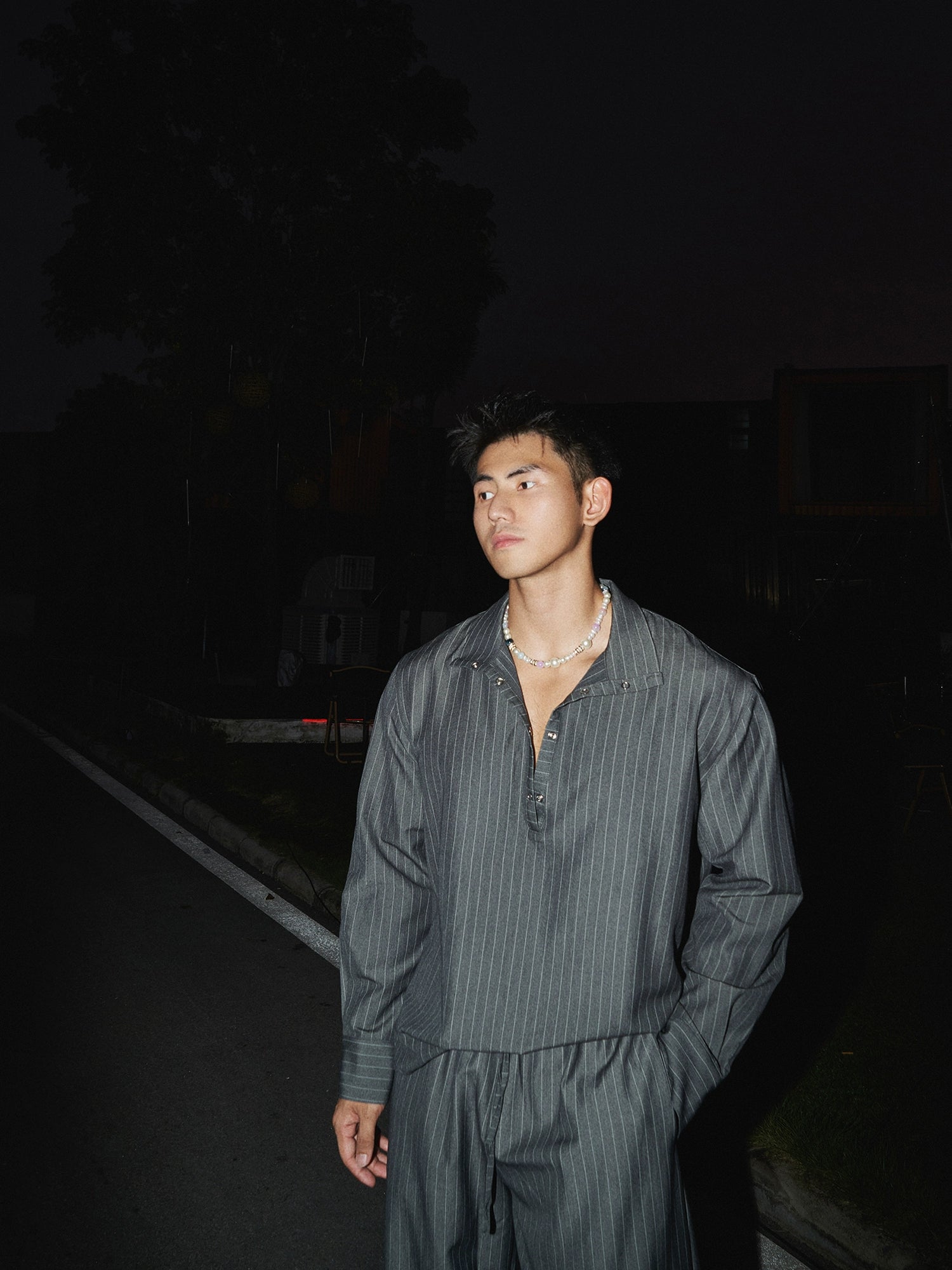 Striped Henley Leisure Shirt and Pants Setup