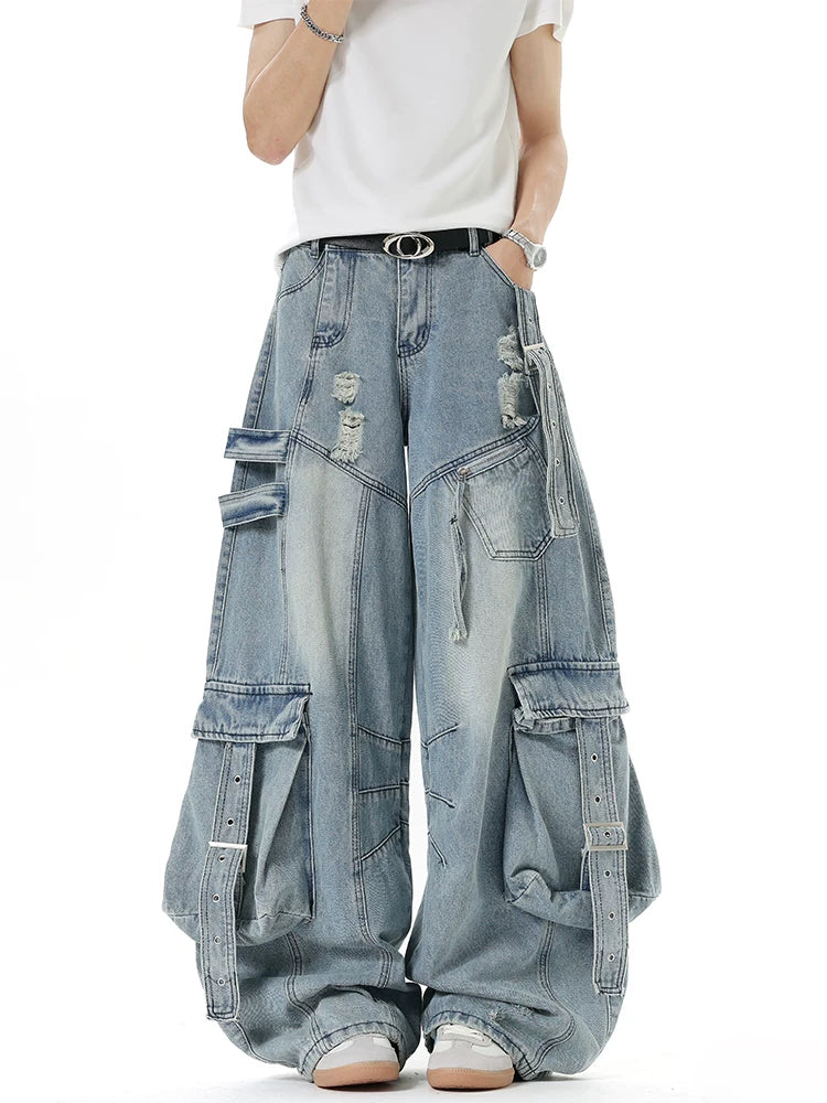 Harness-Ruined Cargo Denim Pants